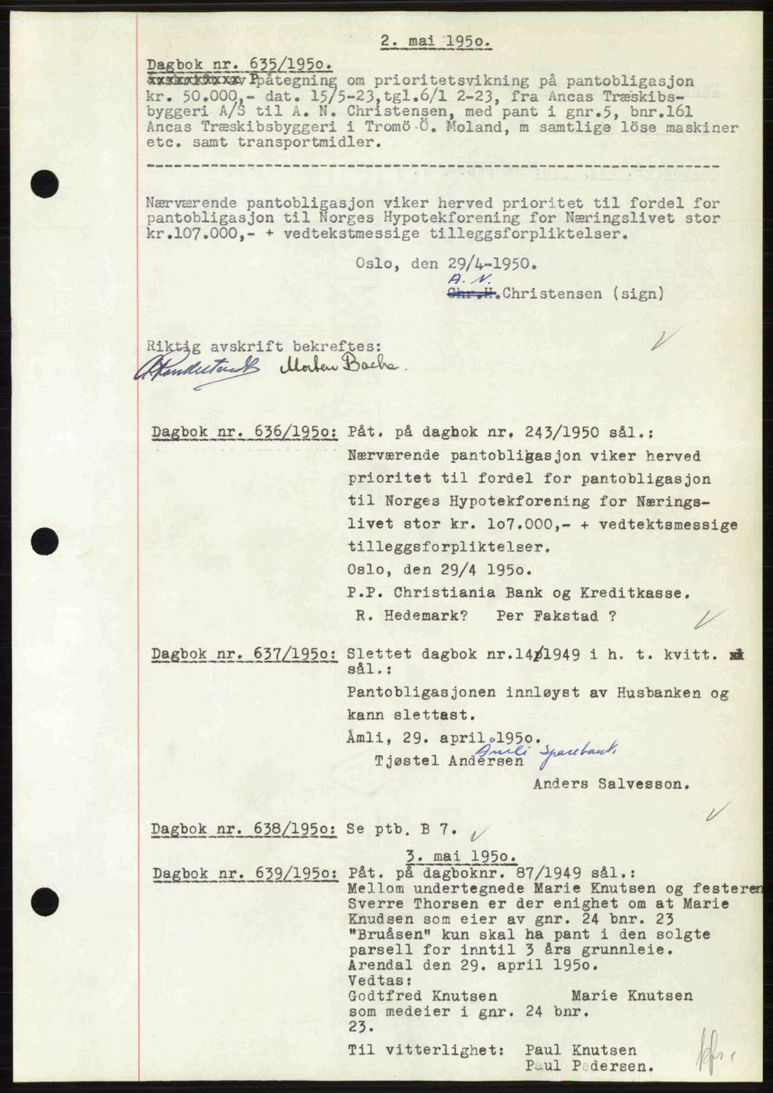 Nedenes sorenskriveri, SAK/1221-0006/G/Gb/Gba/L0062: Mortgage book no. A14, 1949-1950, Diary no: : 635/1950