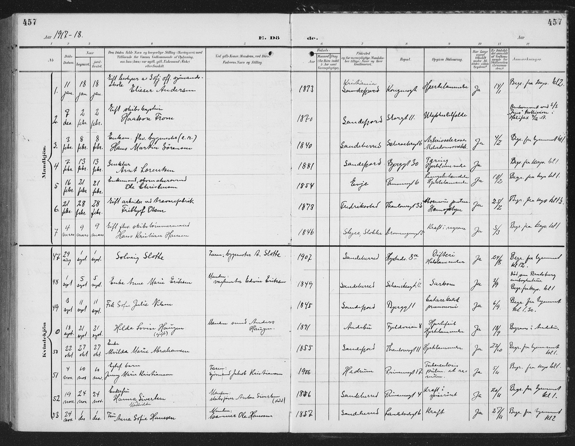 Sandefjord kirkebøker, AV/SAKO-A-315/G/Ga/L0003: Parish register (copy) no. 3, 1903-1920, p. 457