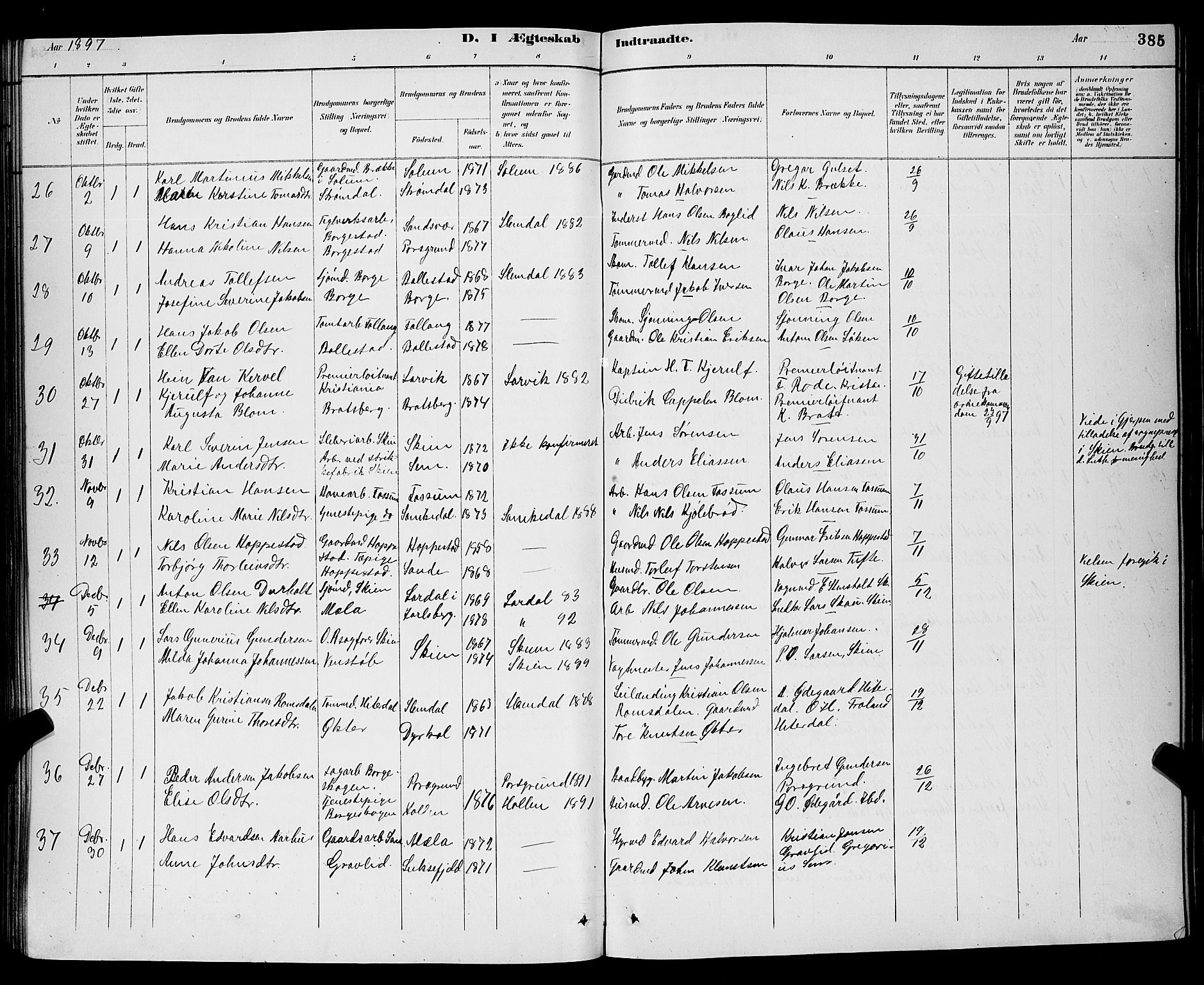 Gjerpen kirkebøker, SAKO/A-265/G/Ga/L0002: Parish register (copy) no. I 2, 1883-1900, p. 385