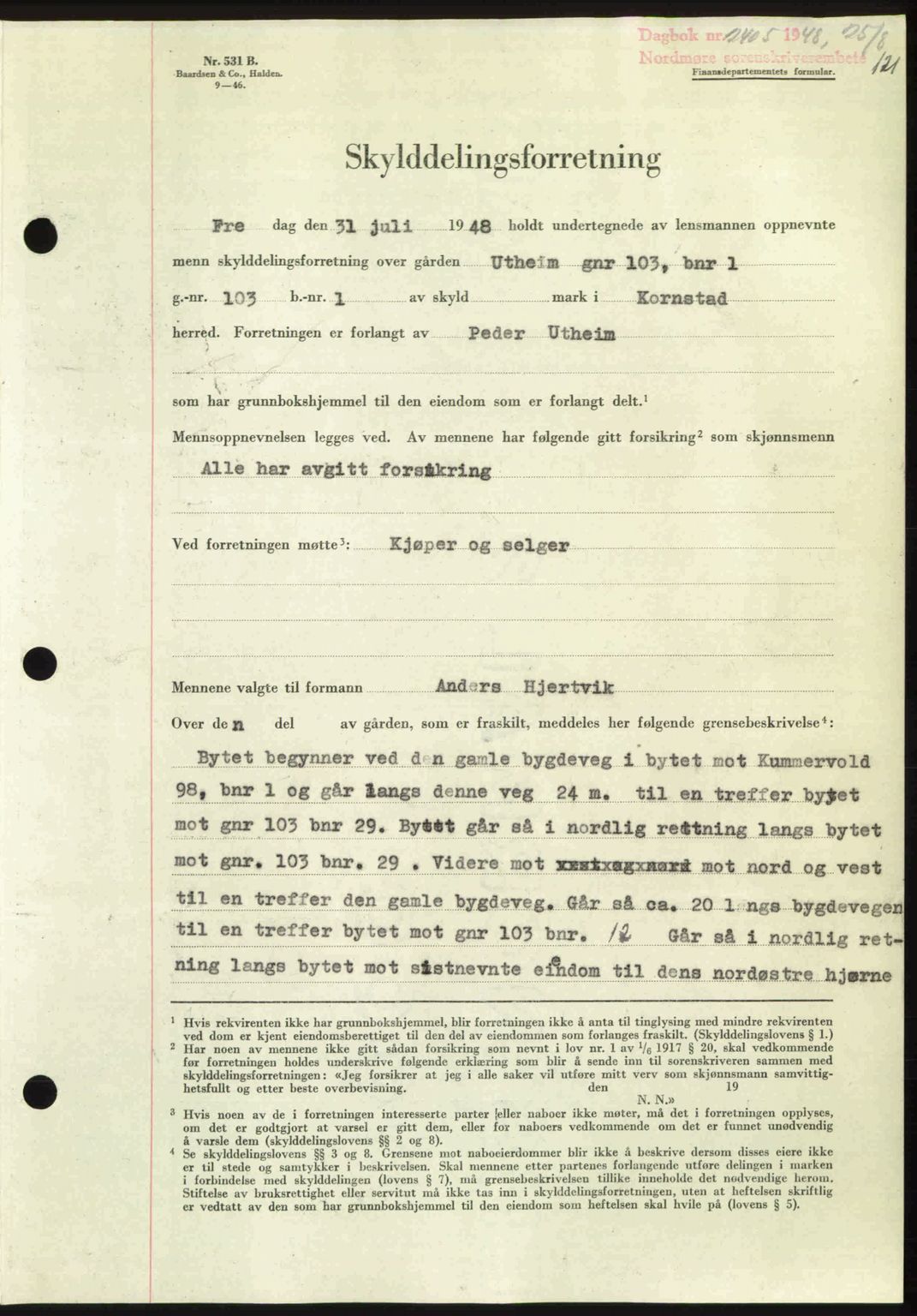 Nordmøre sorenskriveri, AV/SAT-A-4132/1/2/2Ca: Mortgage book no. A109, 1948-1948, Diary no: : 2405/1948