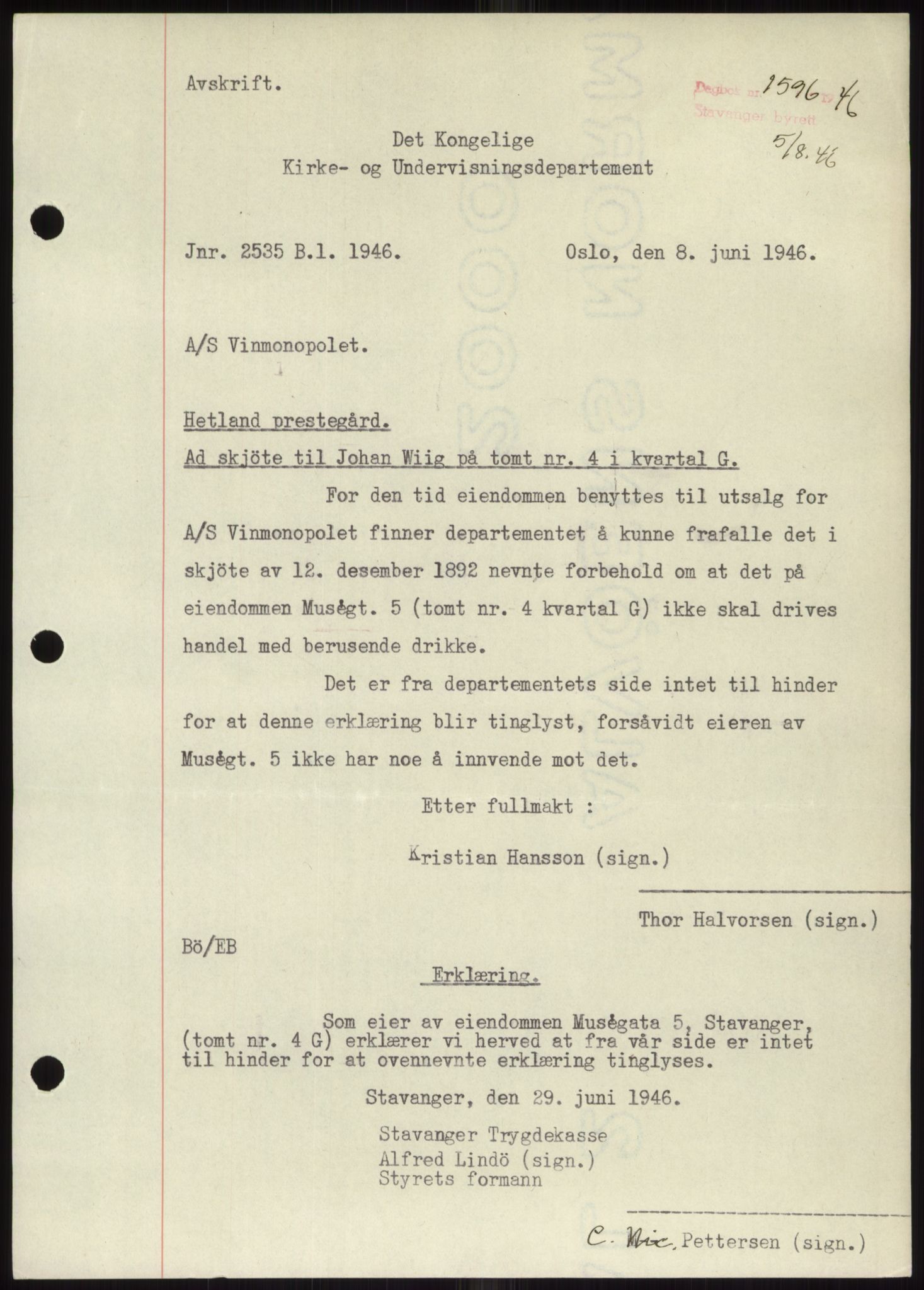 Stavanger byrett, AV/SAST-A-100455/002/G/Gb/L0033: Mortgage book, 1936-1950, Diary no: : 1596/1946