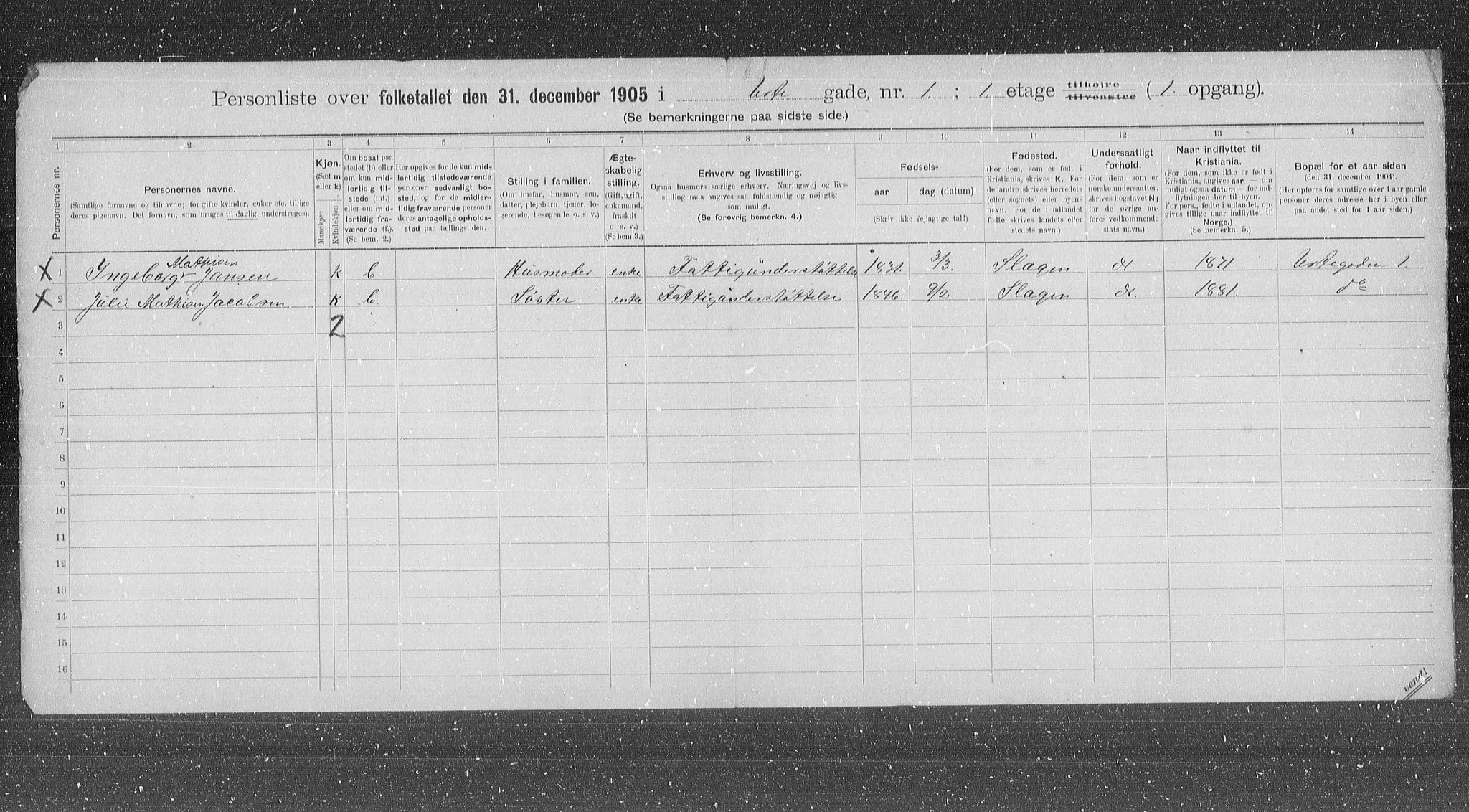 OBA, Municipal Census 1905 for Kristiania, 1905, p. 63391