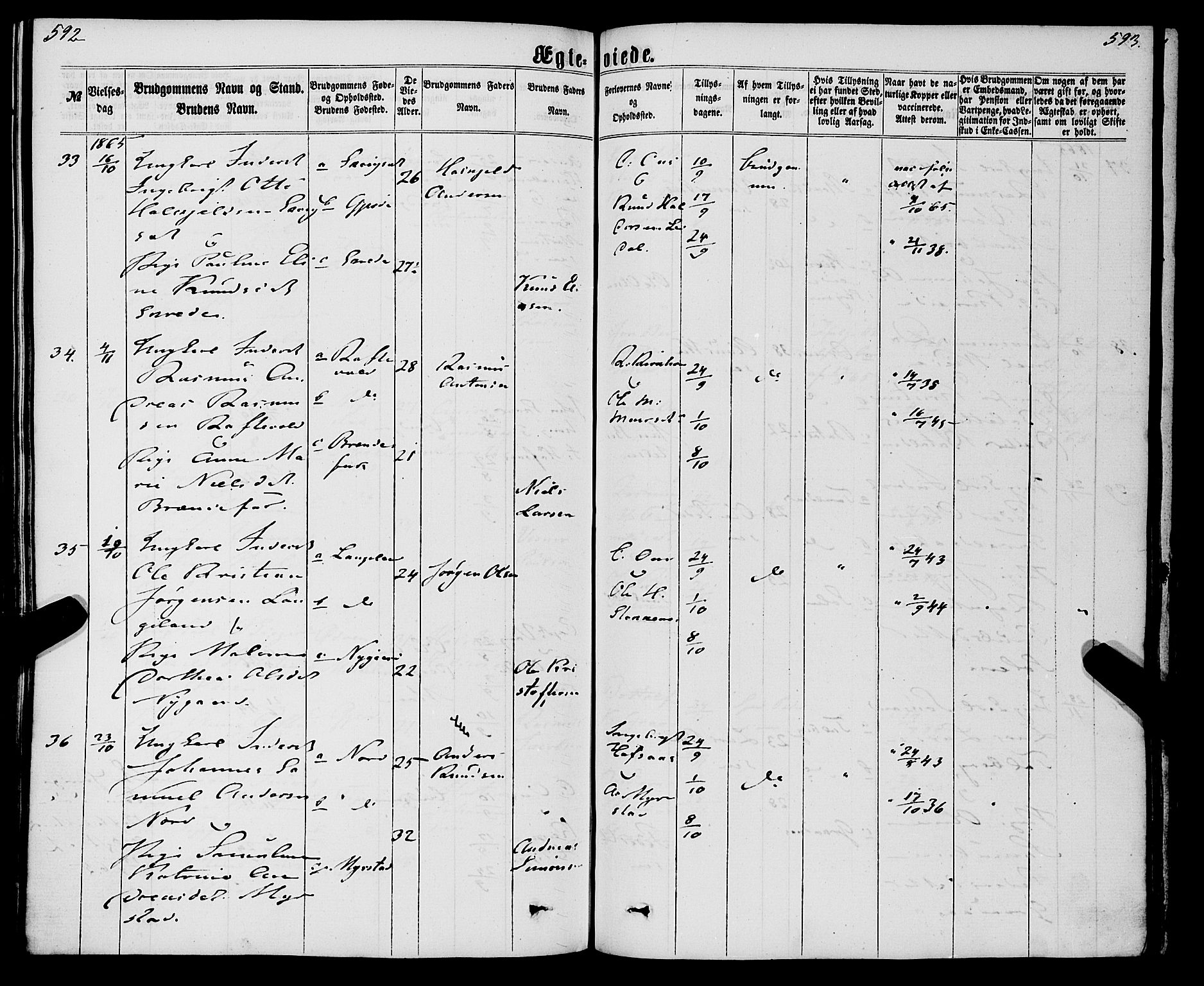 Eid sokneprestembete, AV/SAB-A-82301/H/Haa/Haaa/L0009: Parish register (official) no. A 9, 1861-1868, p. 592-593