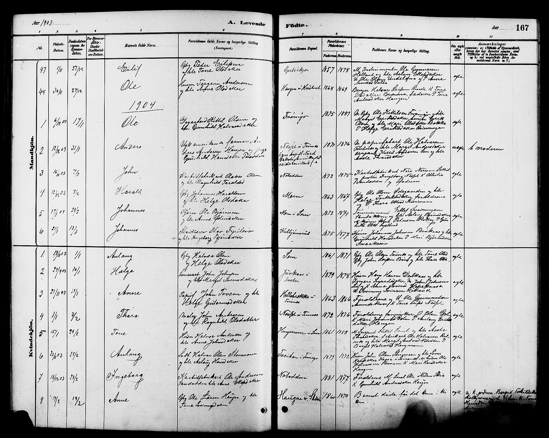 Heddal kirkebøker, SAKO/A-268/G/Ga/L0002: Parish register (copy) no. I 2, 1879-1908, p. 167