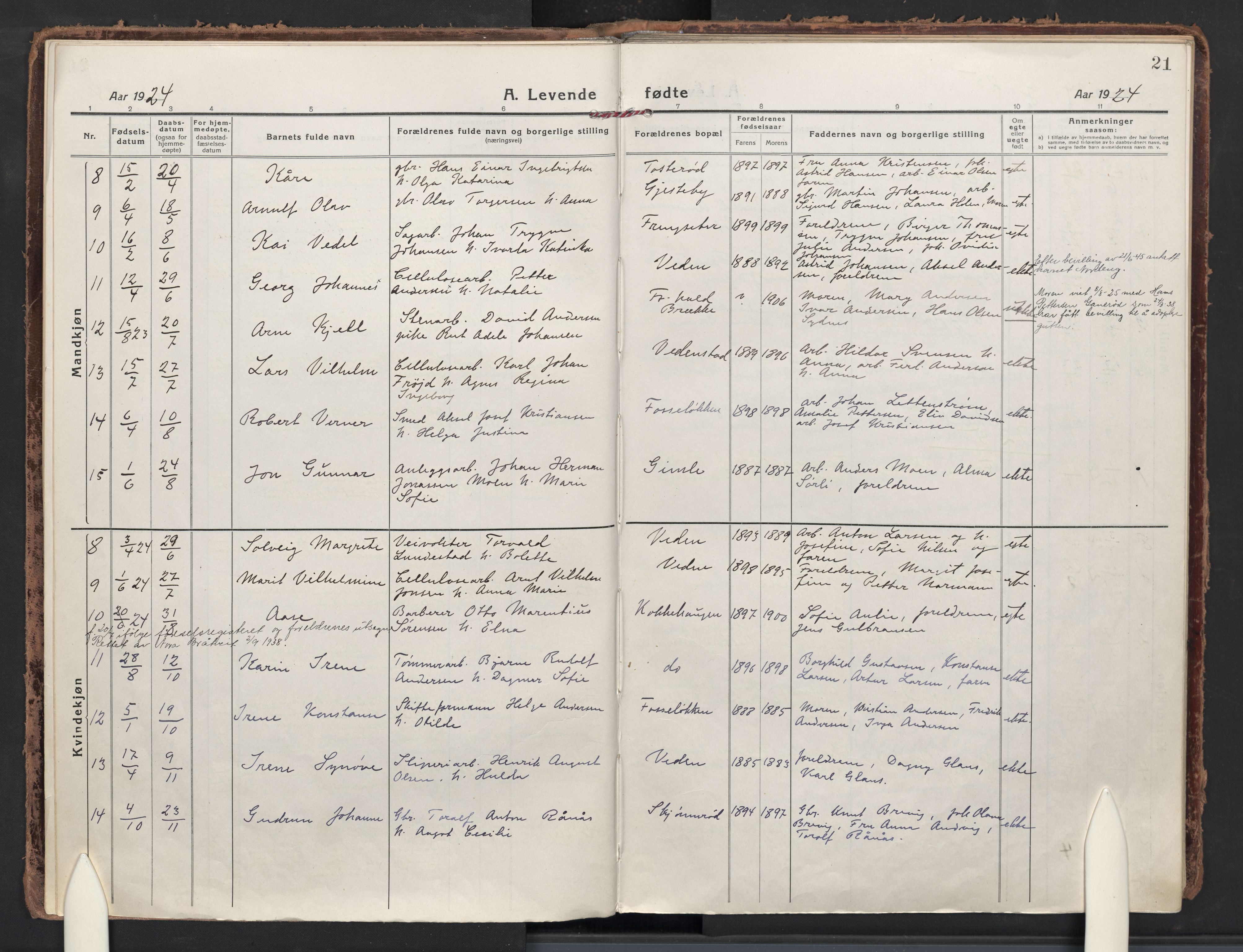 Berg prestekontor Kirkebøker, AV/SAO-A-10902/F/Fb/L0004: Parish register (official) no. II 4, 1919-1935, p. 21