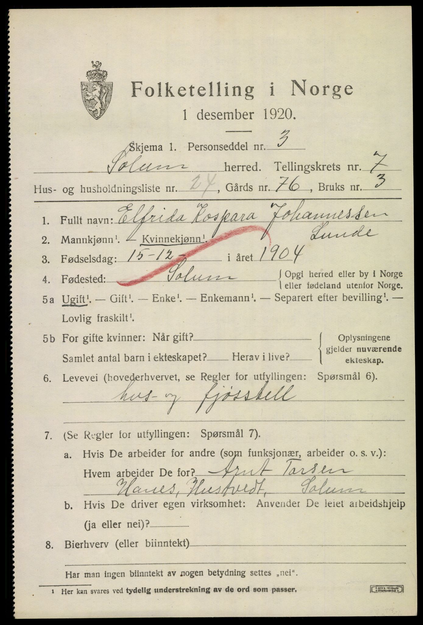 SAKO, 1920 census for Solum, 1920, p. 14068