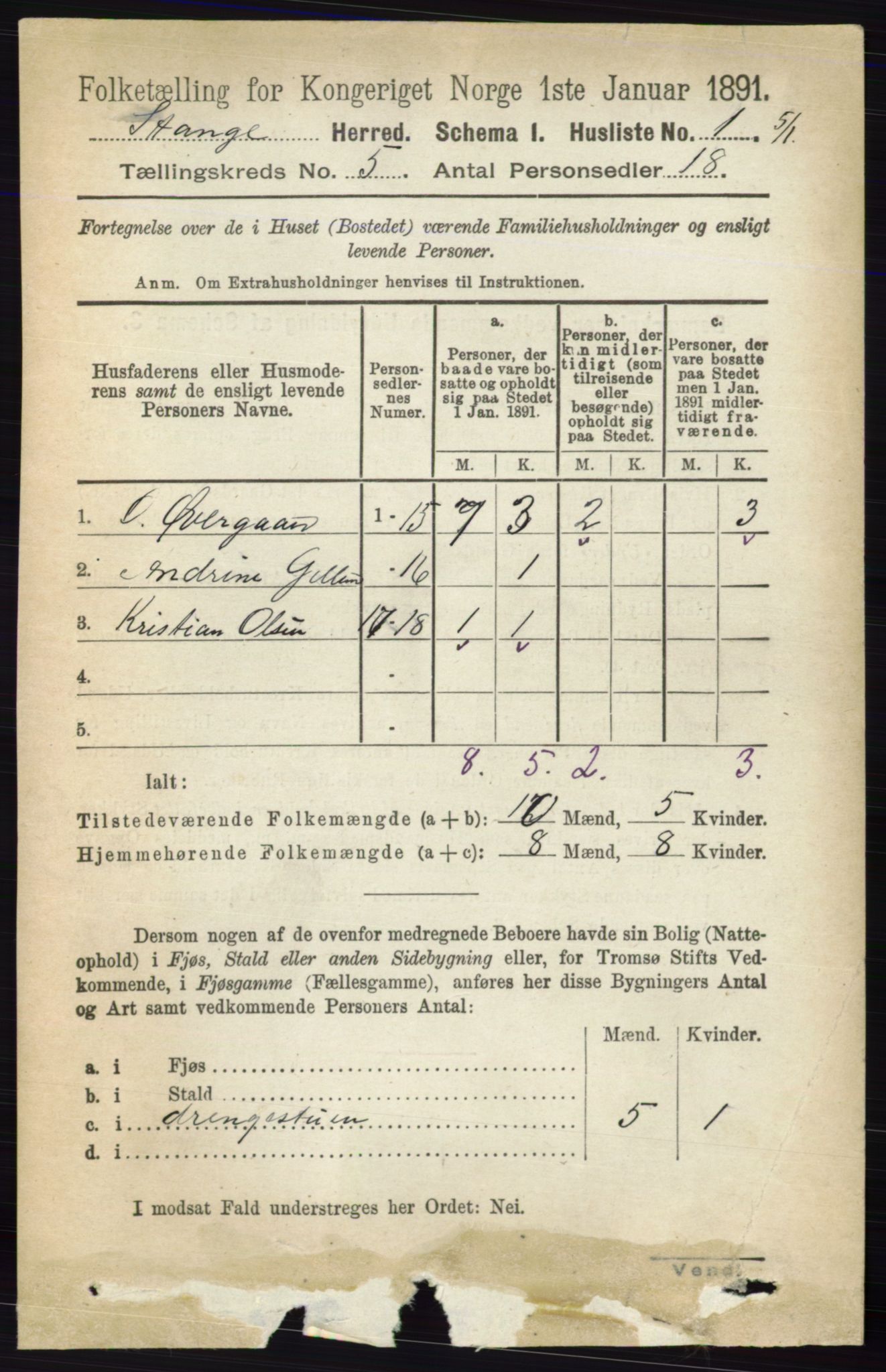 RA, 1891 census for 0417 Stange, 1891, p. 2994