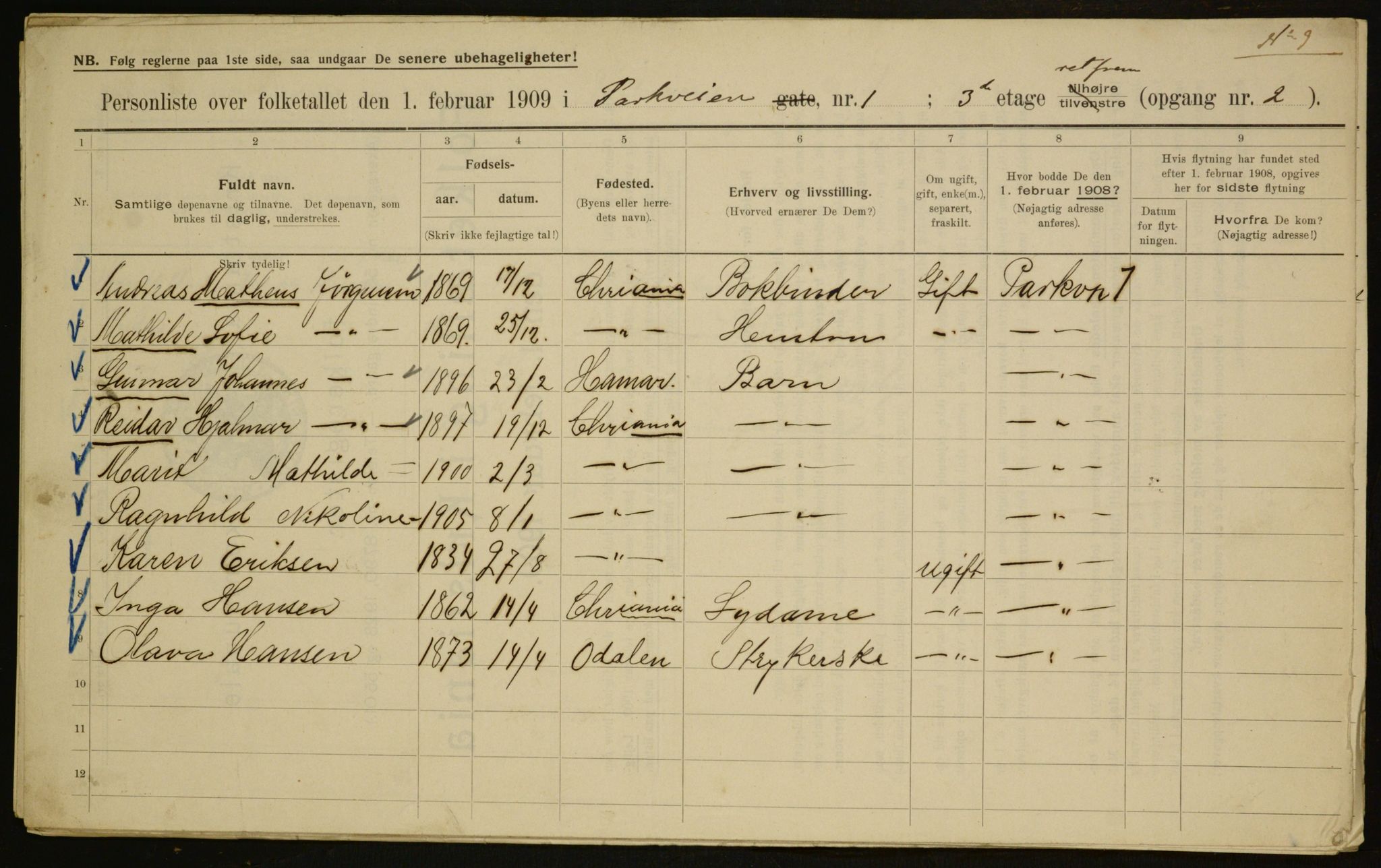 OBA, Municipal Census 1909 for Kristiania, 1909, p. 70384