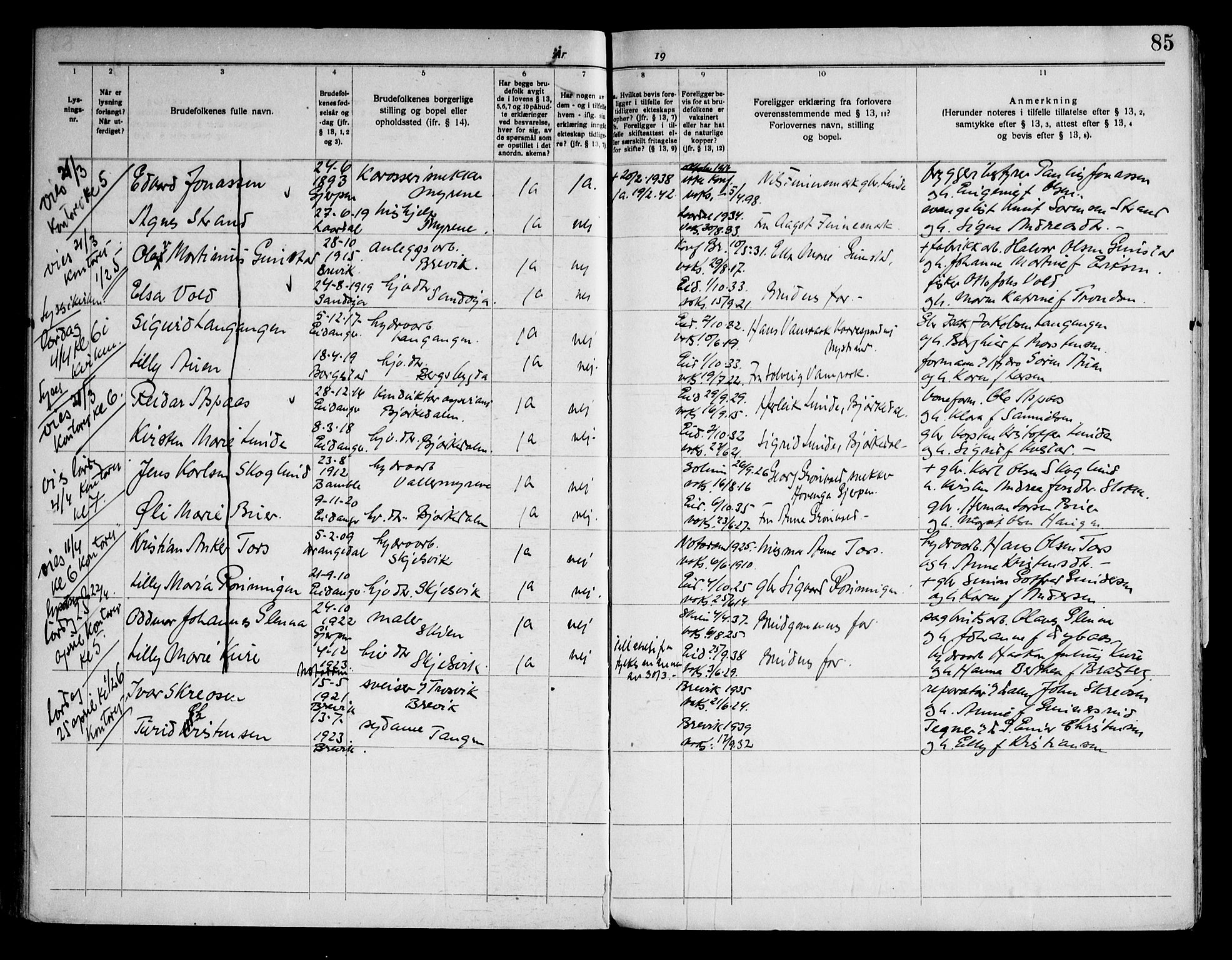 Eidanger kirkebøker, AV/SAKO-A-261/H/Ha/L0003: Banns register no. 3, 1919-1948, p. 85