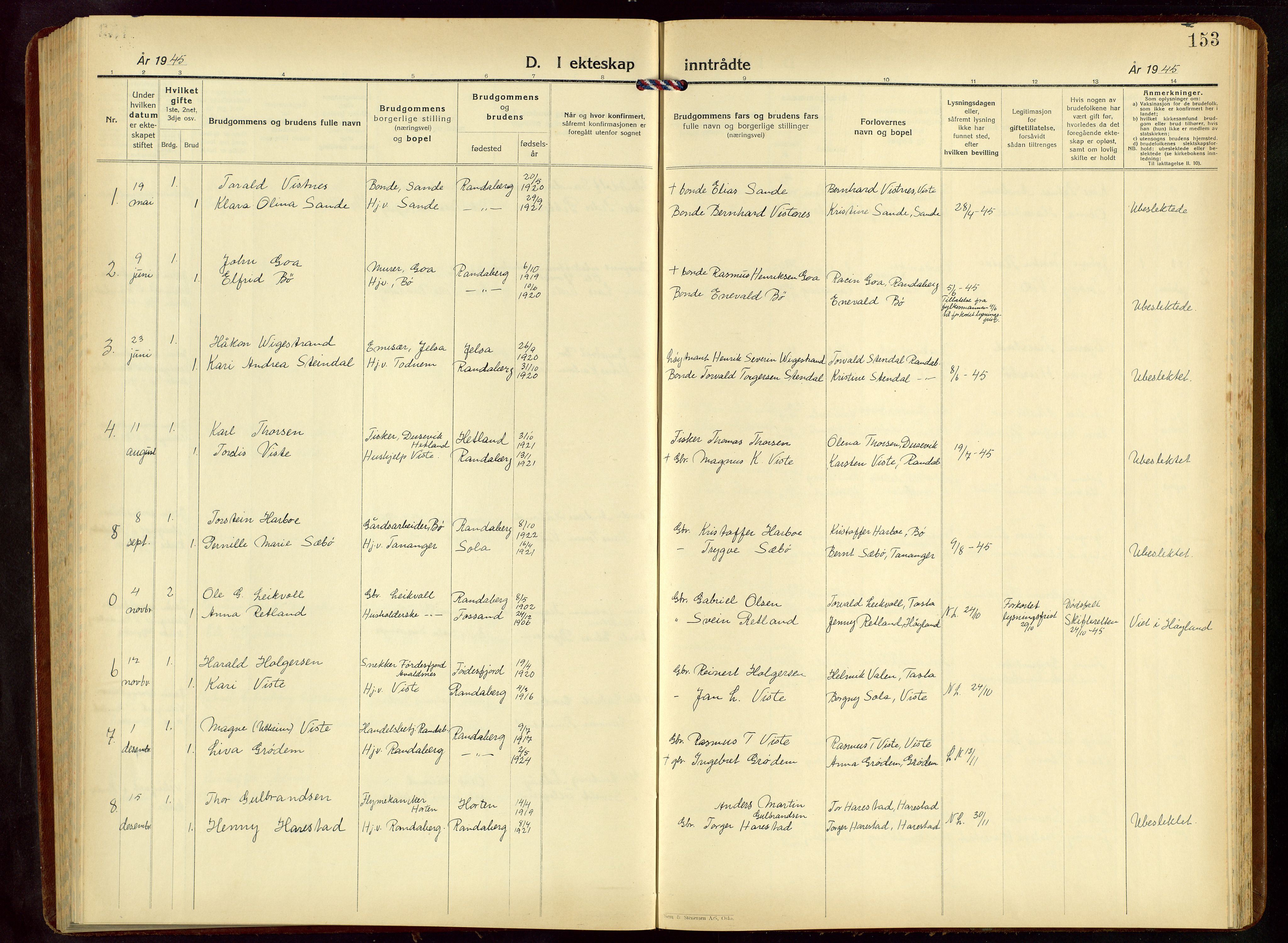 Hetland sokneprestkontor, SAST/A-101826/30/30BB/L0015: Parish register (copy) no. B 15, 1940-1955, p. 153