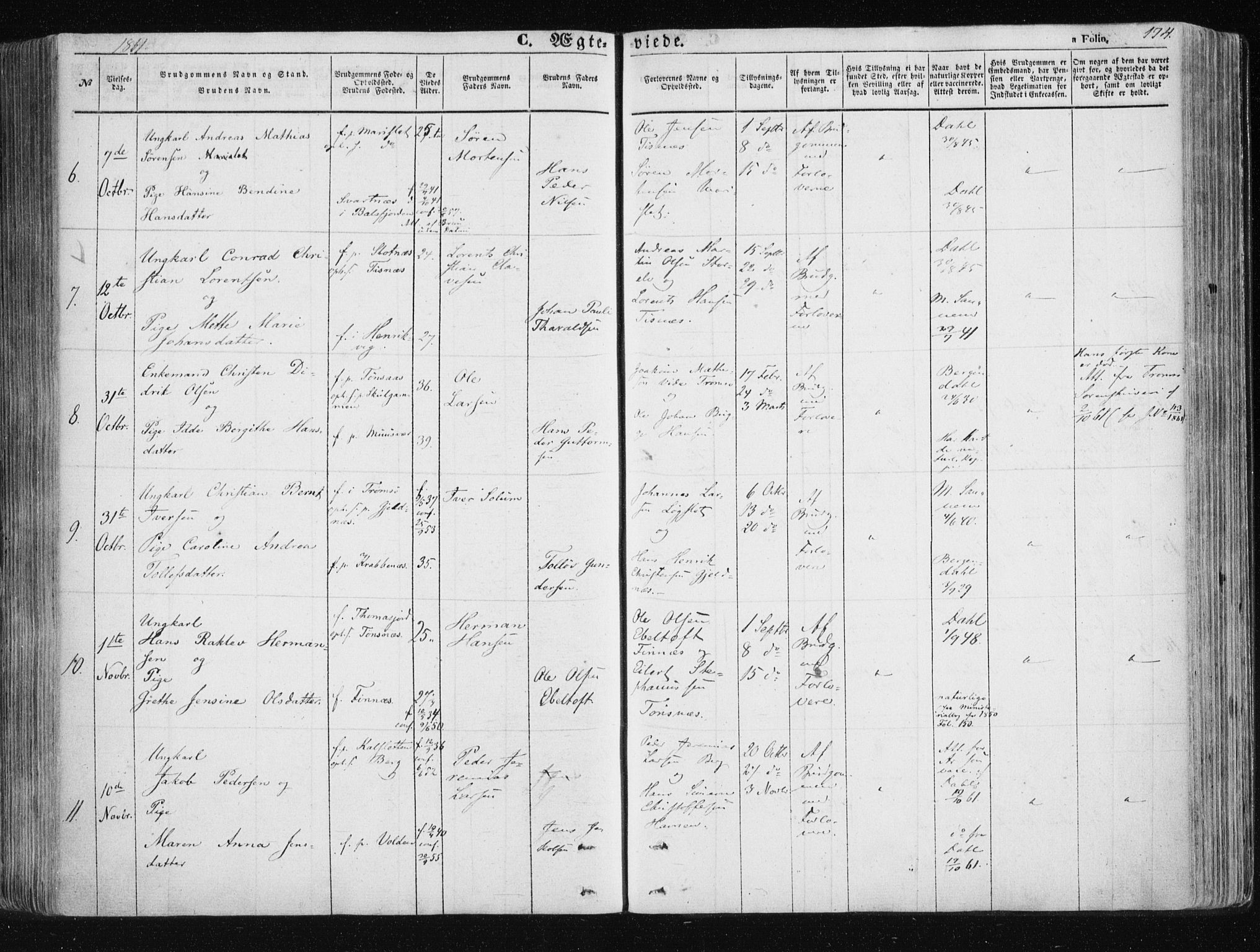 Tromsøysund sokneprestkontor, SATØ/S-1304/G/Ga/L0001kirke: Parish register (official) no. 1, 1856-1867, p. 174