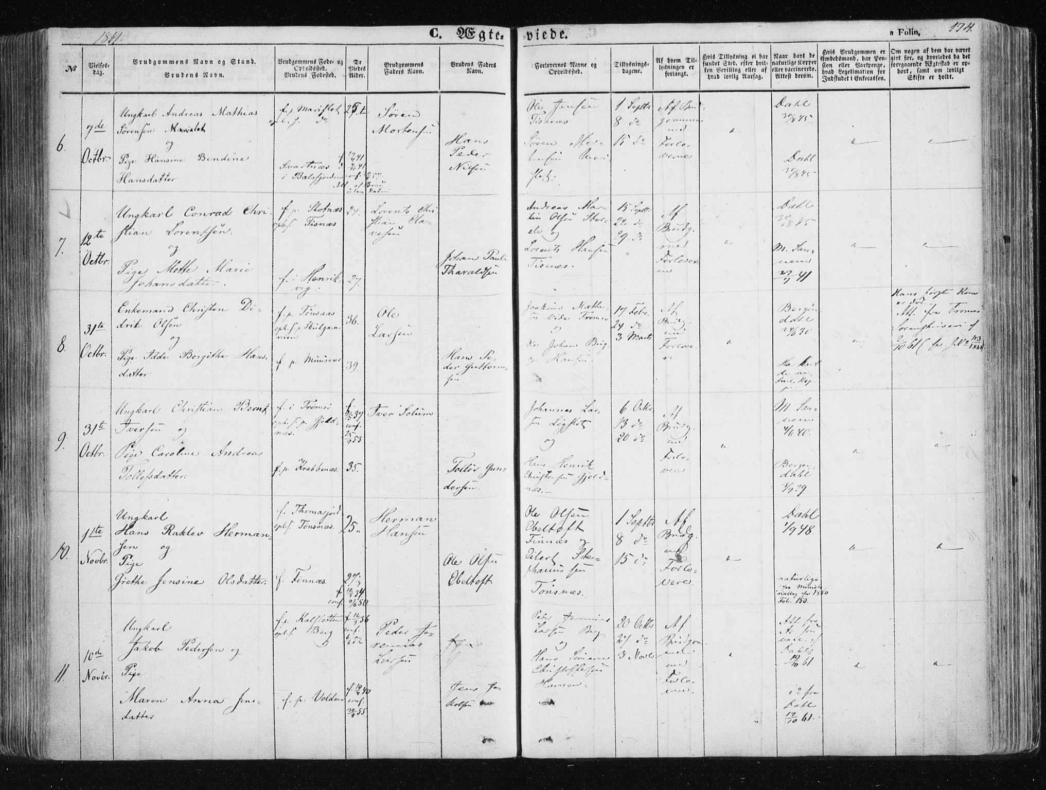 Tromsøysund sokneprestkontor, AV/SATØ-S-1304/G/Ga/L0001kirke: Parish register (official) no. 1, 1856-1867, p. 174