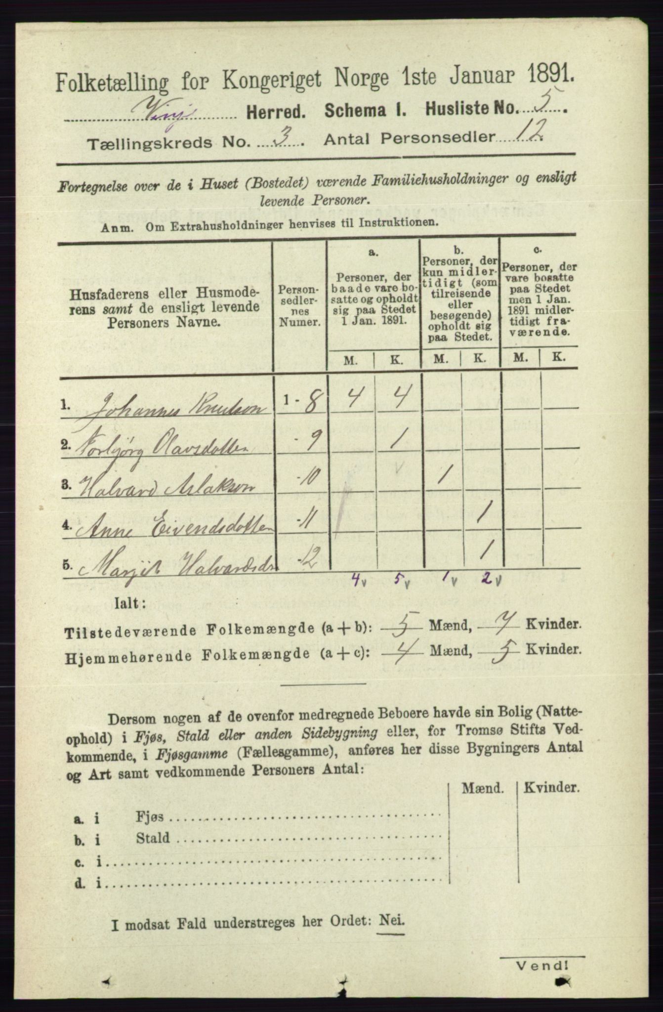 RA, 1891 census for 0834 Vinje, 1891, p. 605