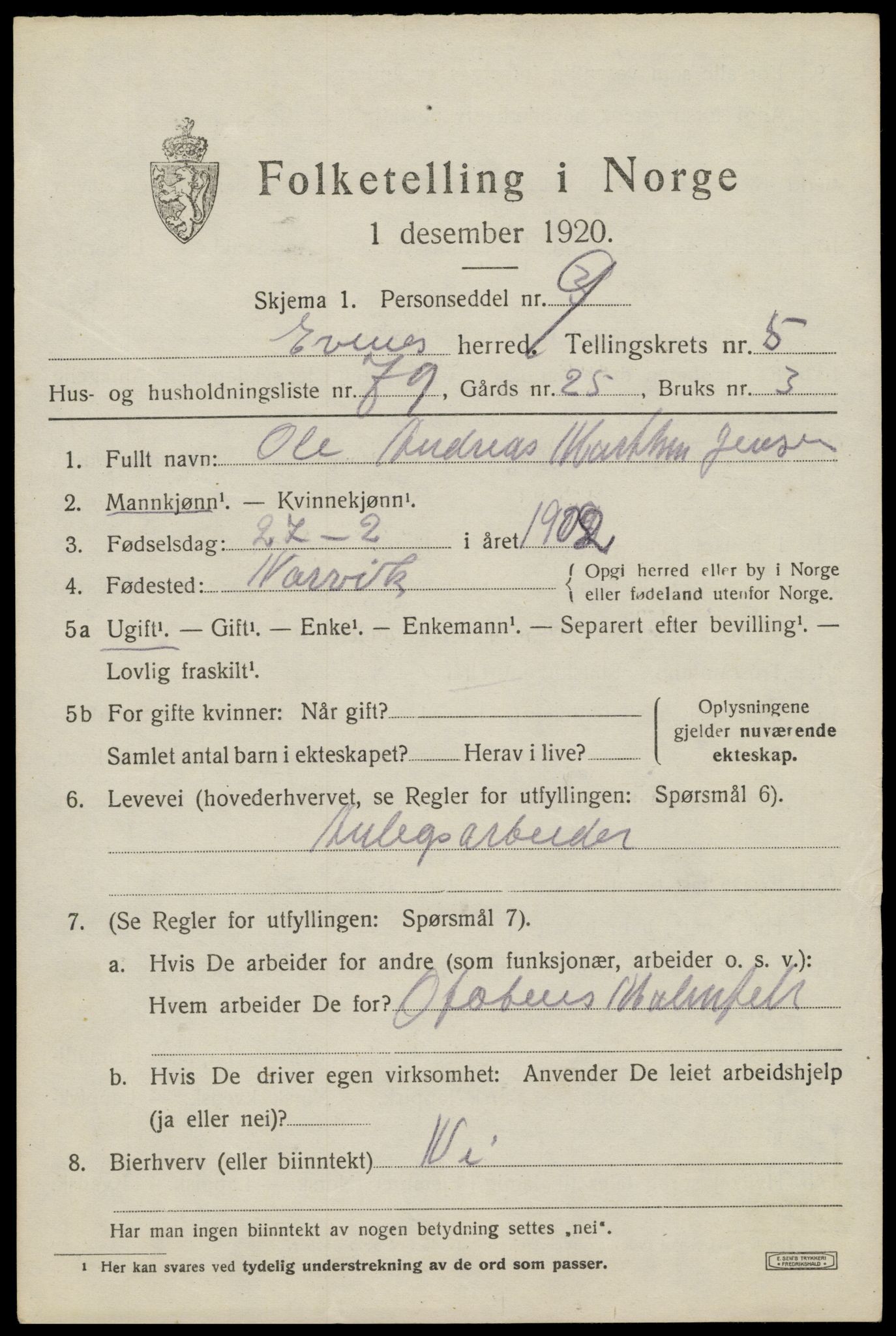 SAT, 1920 census for Evenes, 1920, p. 5448