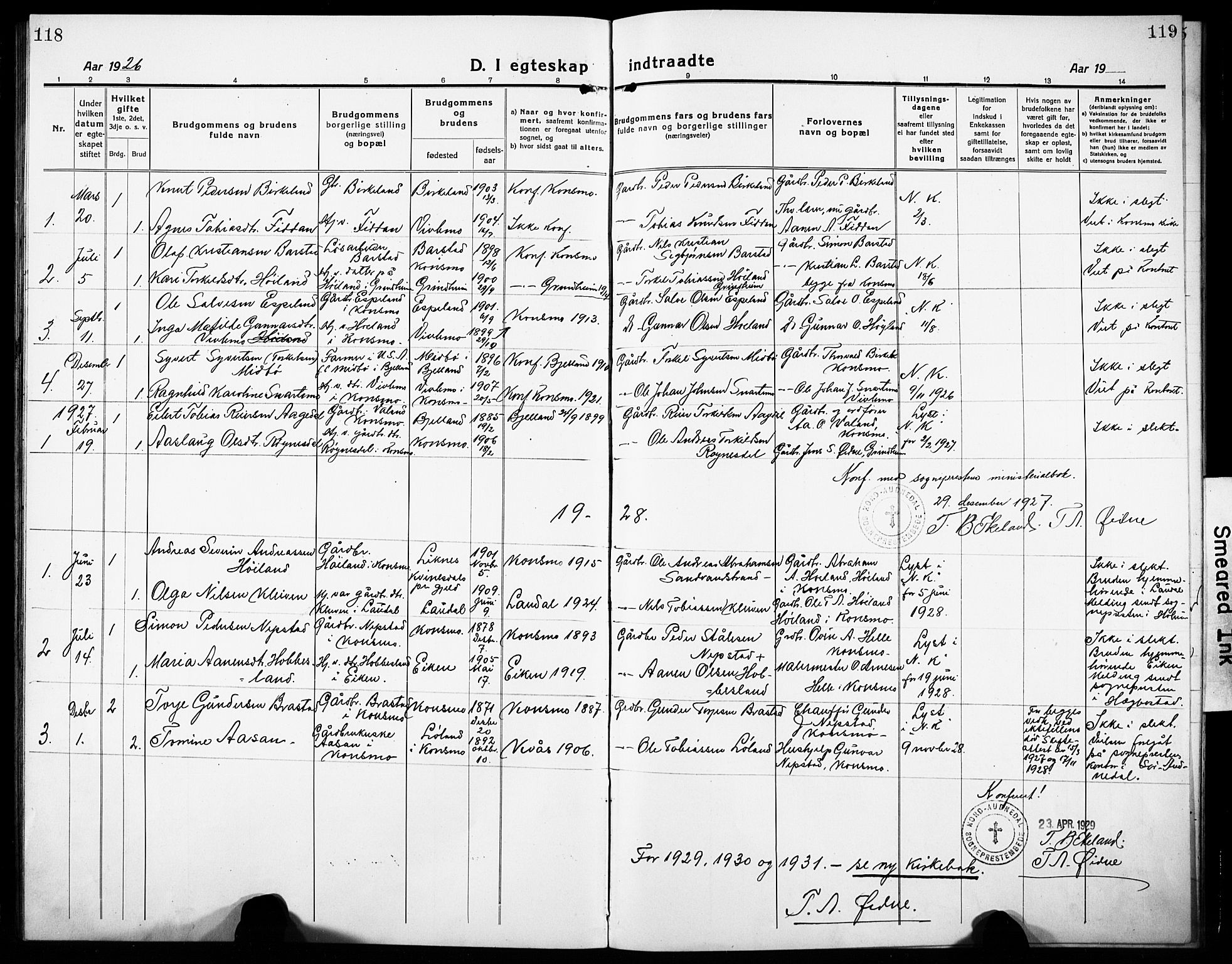 Nord-Audnedal sokneprestkontor, SAK/1111-0032/F/Fb/Fba/L0005: Parish register (copy) no. B 5, 1918-1932, p. 118-119
