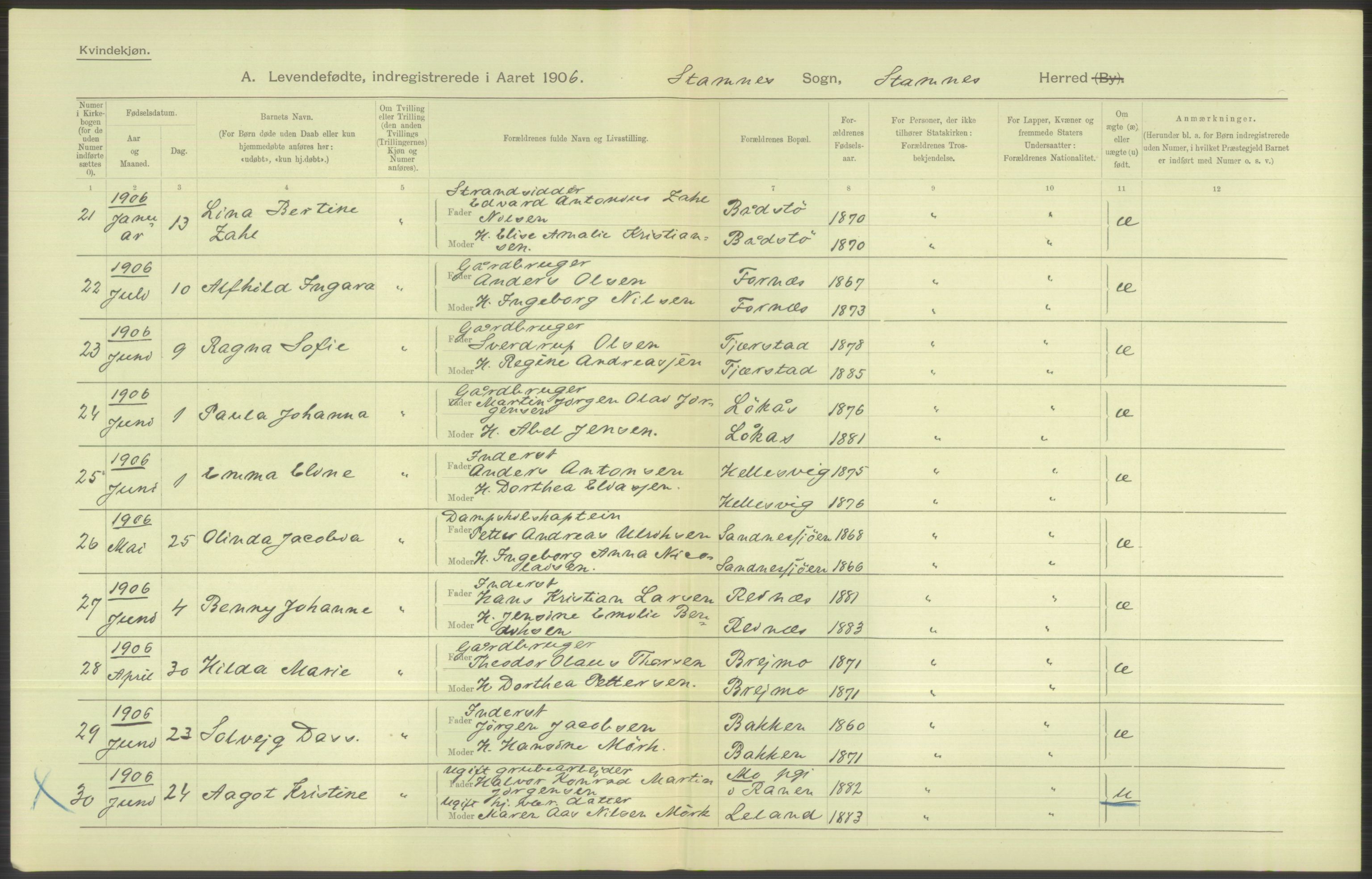 Statistisk sentralbyrå, Sosiodemografiske emner, Befolkning, AV/RA-S-2228/D/Df/Dfa/Dfad/L0043: Nordlands amt: Levendefødte menn og kvinner. Bygder., 1906, p. 68