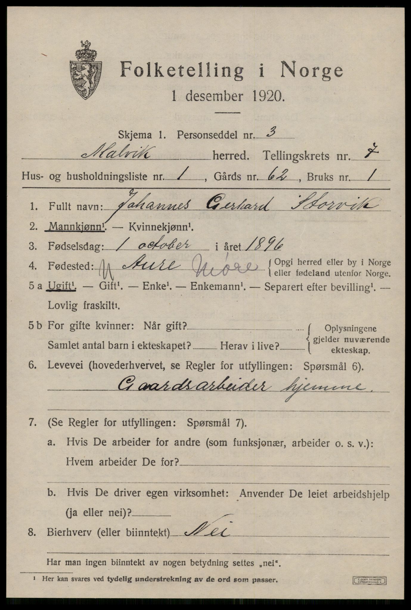 SAT, 1920 census for Malvik, 1920, p. 7220