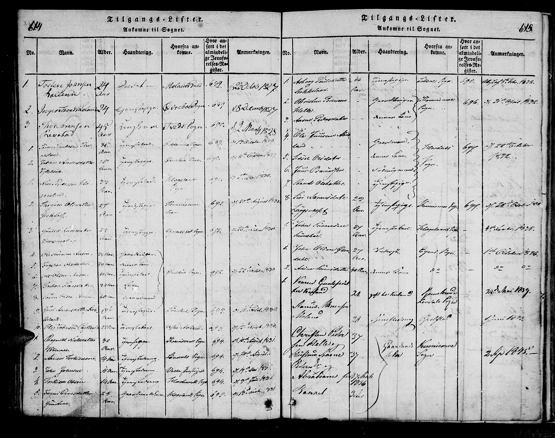 Bjelland sokneprestkontor, SAK/1111-0005/F/Fa/Faa/L0002: Parish register (official) no. A 2, 1816-1866, p. 614-615