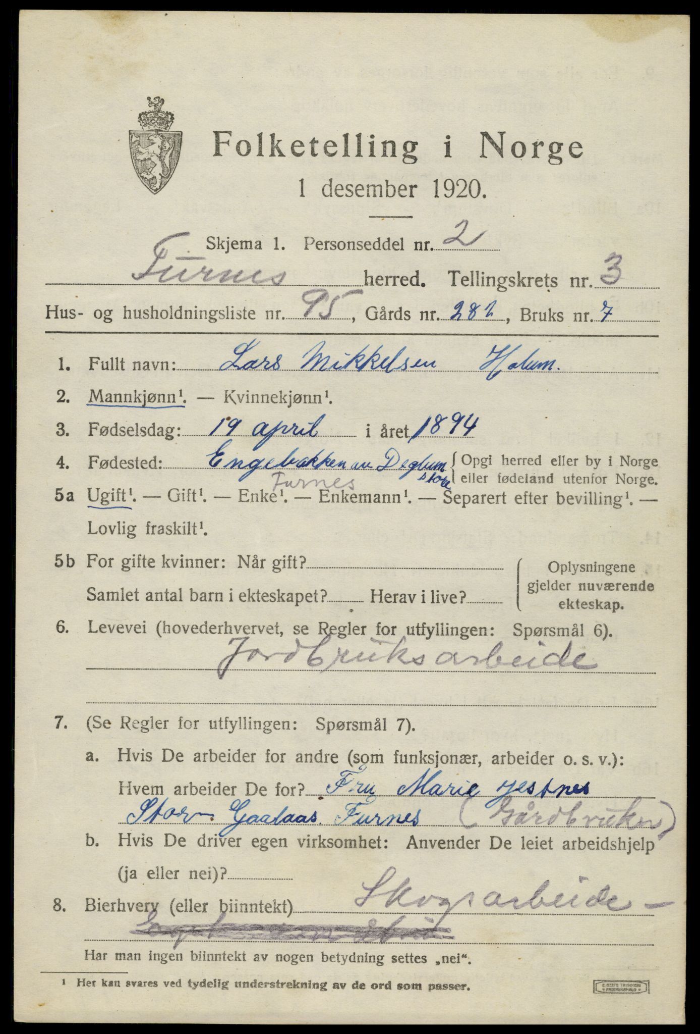 SAH, 1920 census for Furnes, 1920, p. 5725