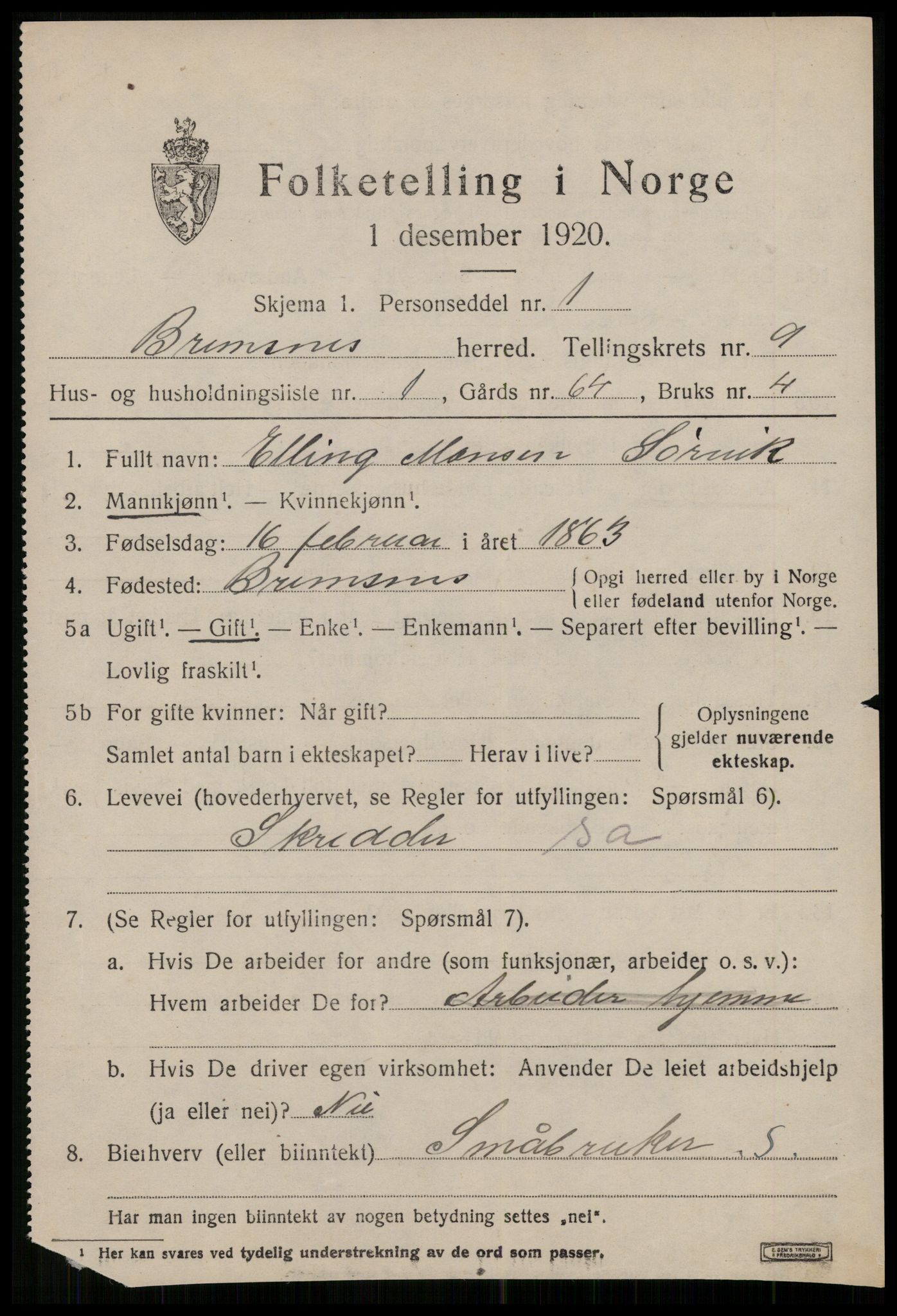 SAT, 1920 census for Bremsnes, 1920, p. 7827
