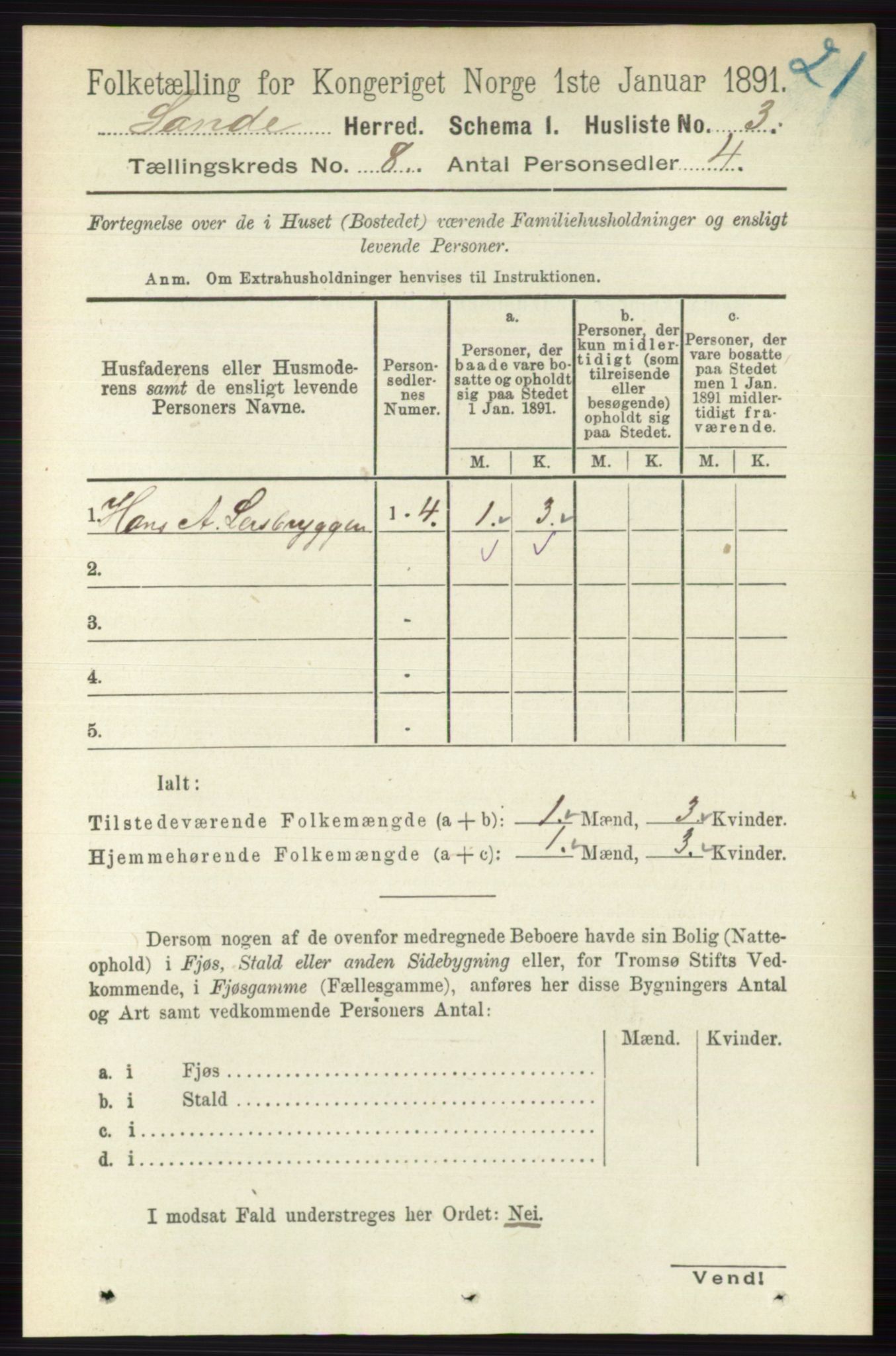 RA, 1891 census for 0713 Sande, 1891, p. 3468