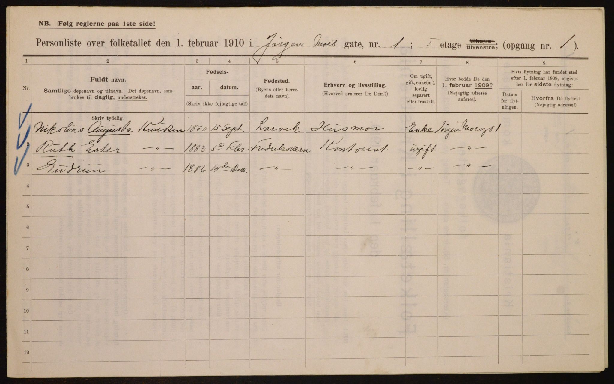 OBA, Municipal Census 1910 for Kristiania, 1910, p. 46319