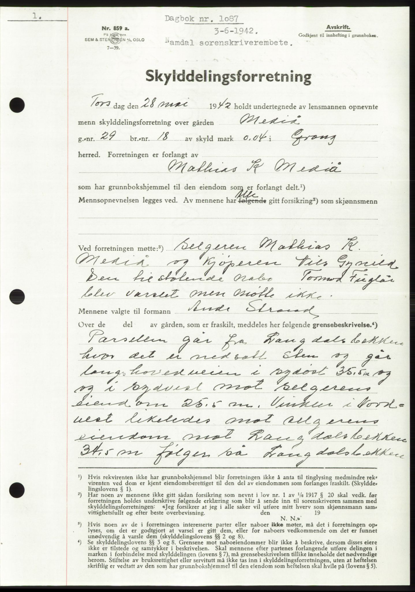 Namdal sorenskriveri, SAT/A-4133/1/2/2C: Mortgage book no. -, 1941-1942, Diary no: : 1087/1942
