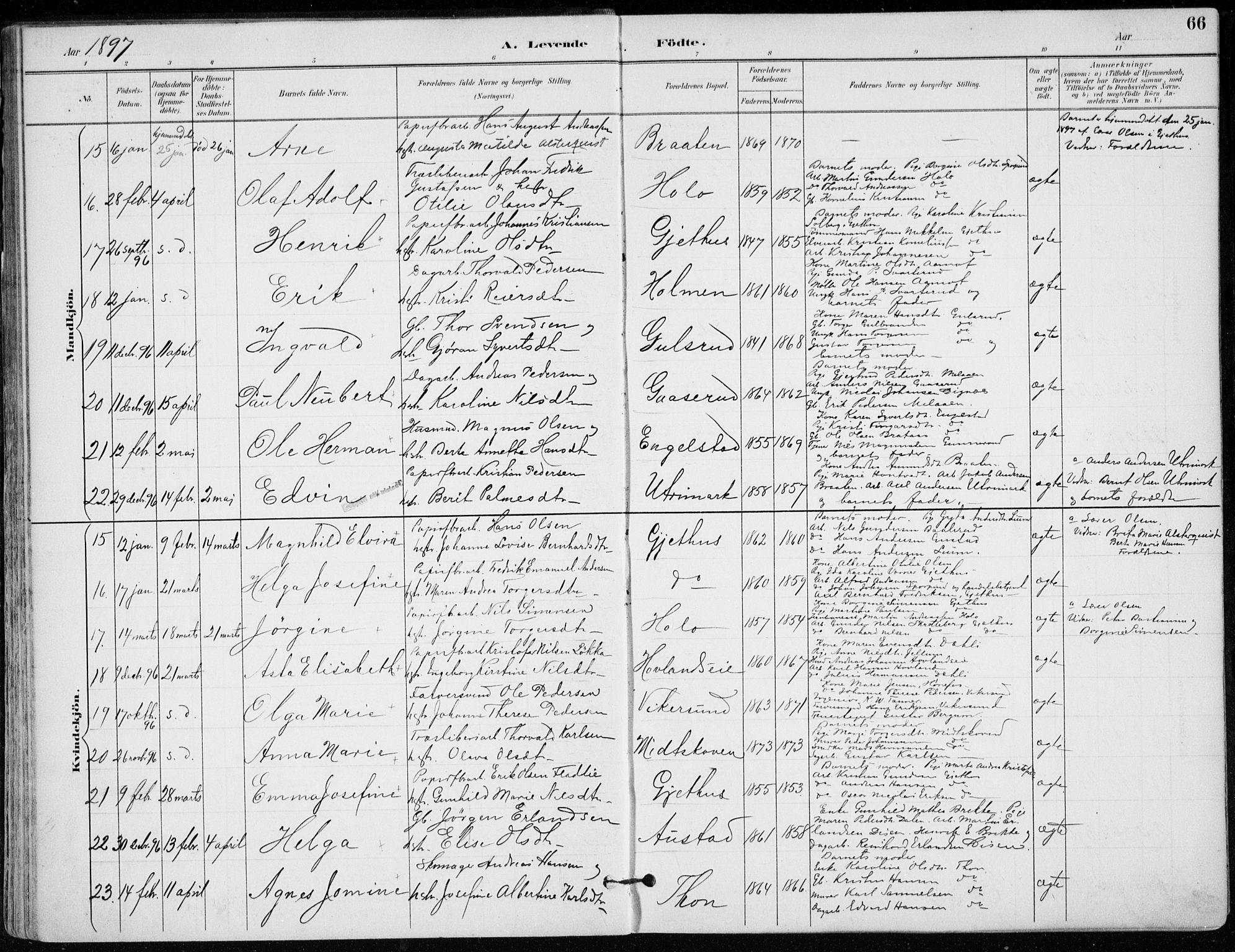 Modum kirkebøker, AV/SAKO-A-234/F/Fa/L0012: Parish register (official) no. 12, 1890-1898, p. 66