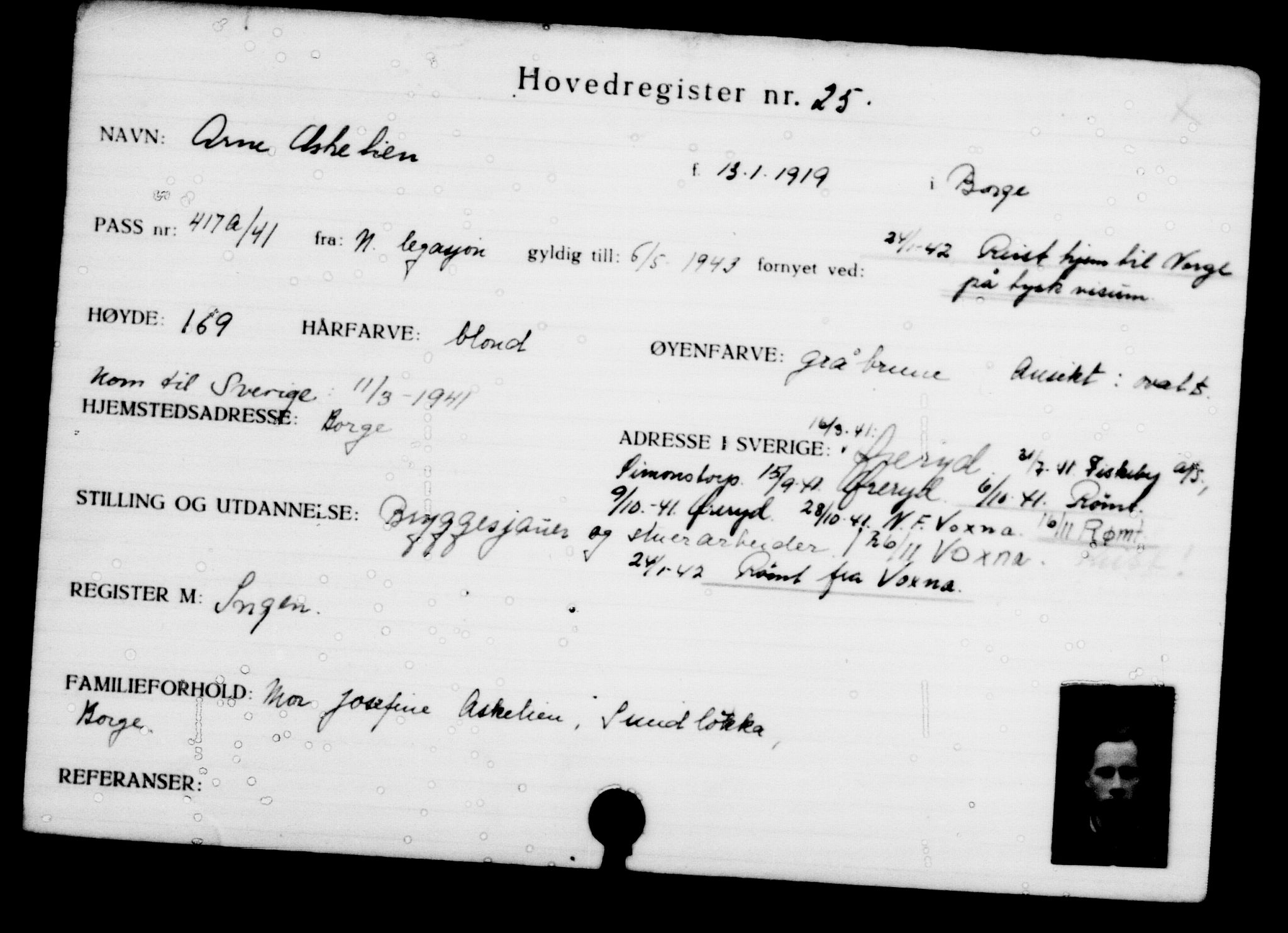 Utenriksstasjonene, Legasjonen i Stockholm, Flyktningkontoret, AV/RA-S-6753/V/Va/L0001: Kjesäterkartoteket, flyktninger med registreringsnr. 1-1000, 1940-1945, p. 39