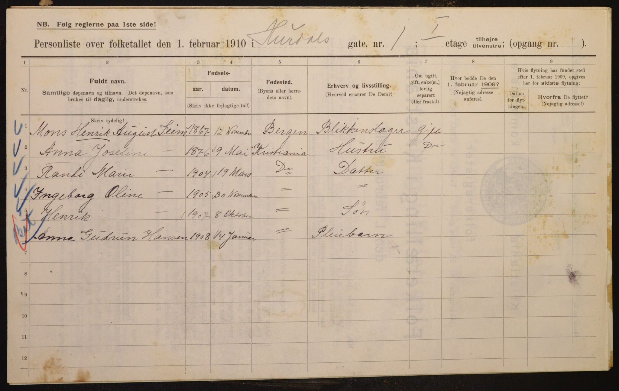 OBA, Municipal Census 1910 for Kristiania, 1910, p. 41385