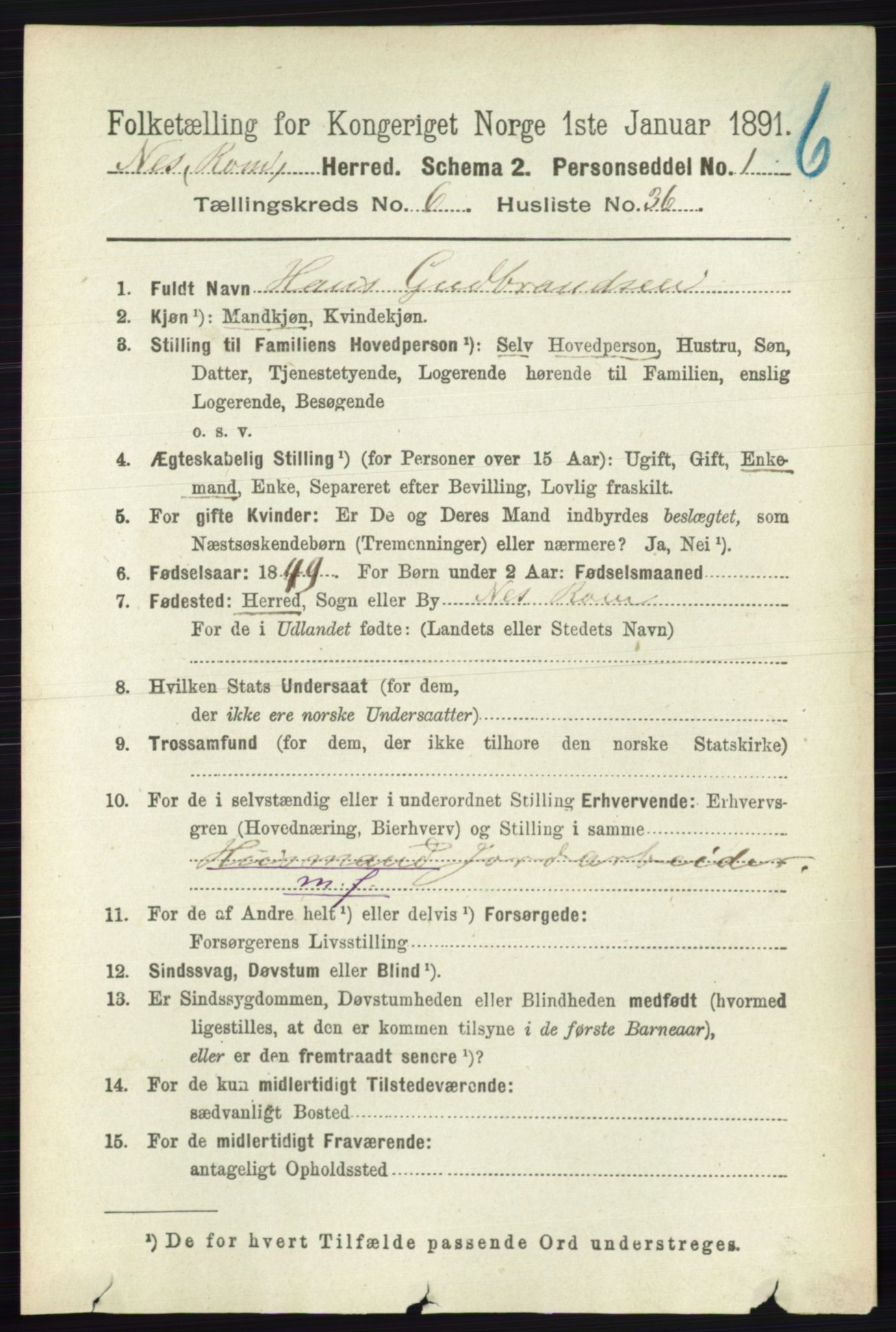 RA, 1891 census for 0236 Nes, 1891, p. 3610