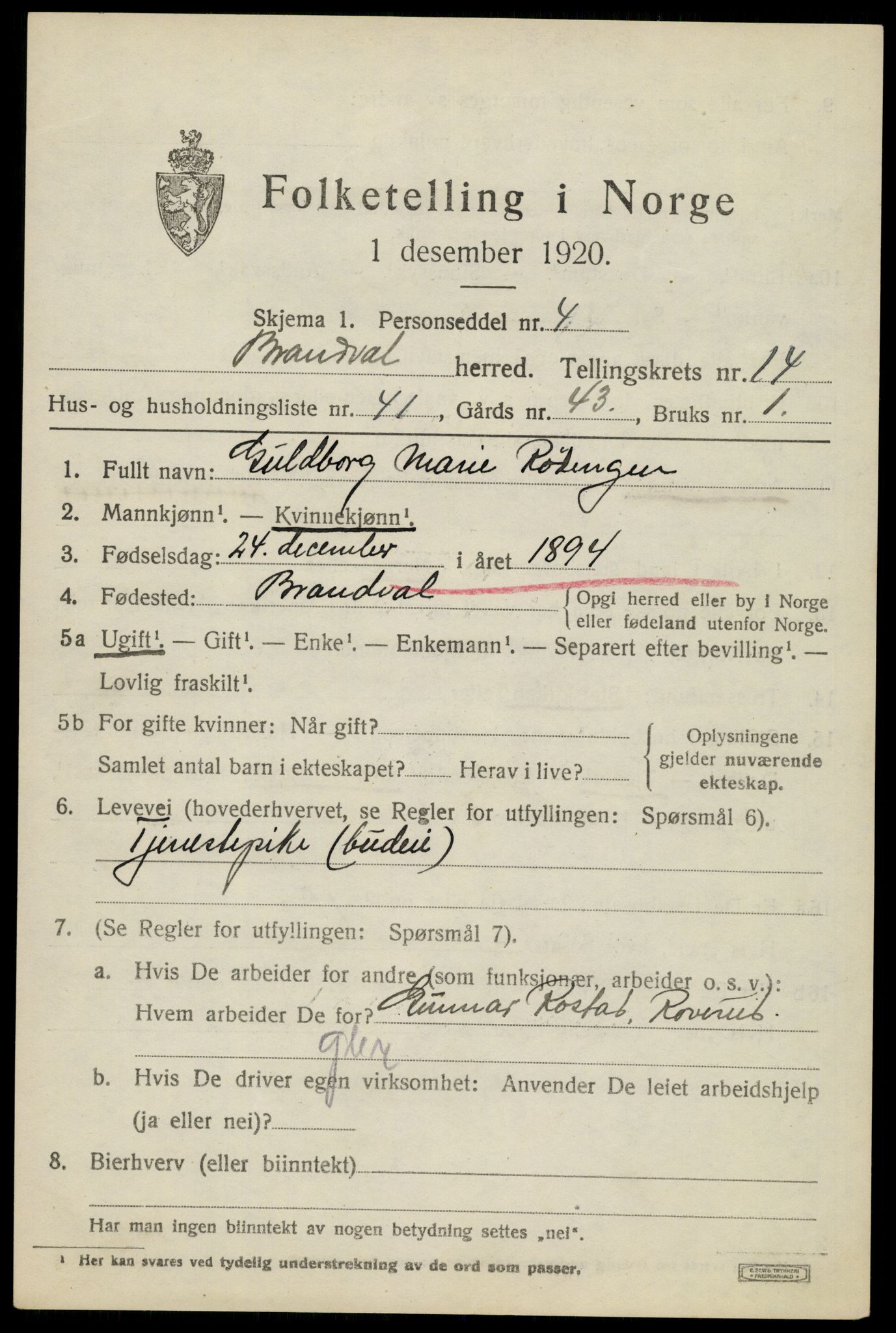 SAH, 1920 census for Brandval, 1920, p. 9972