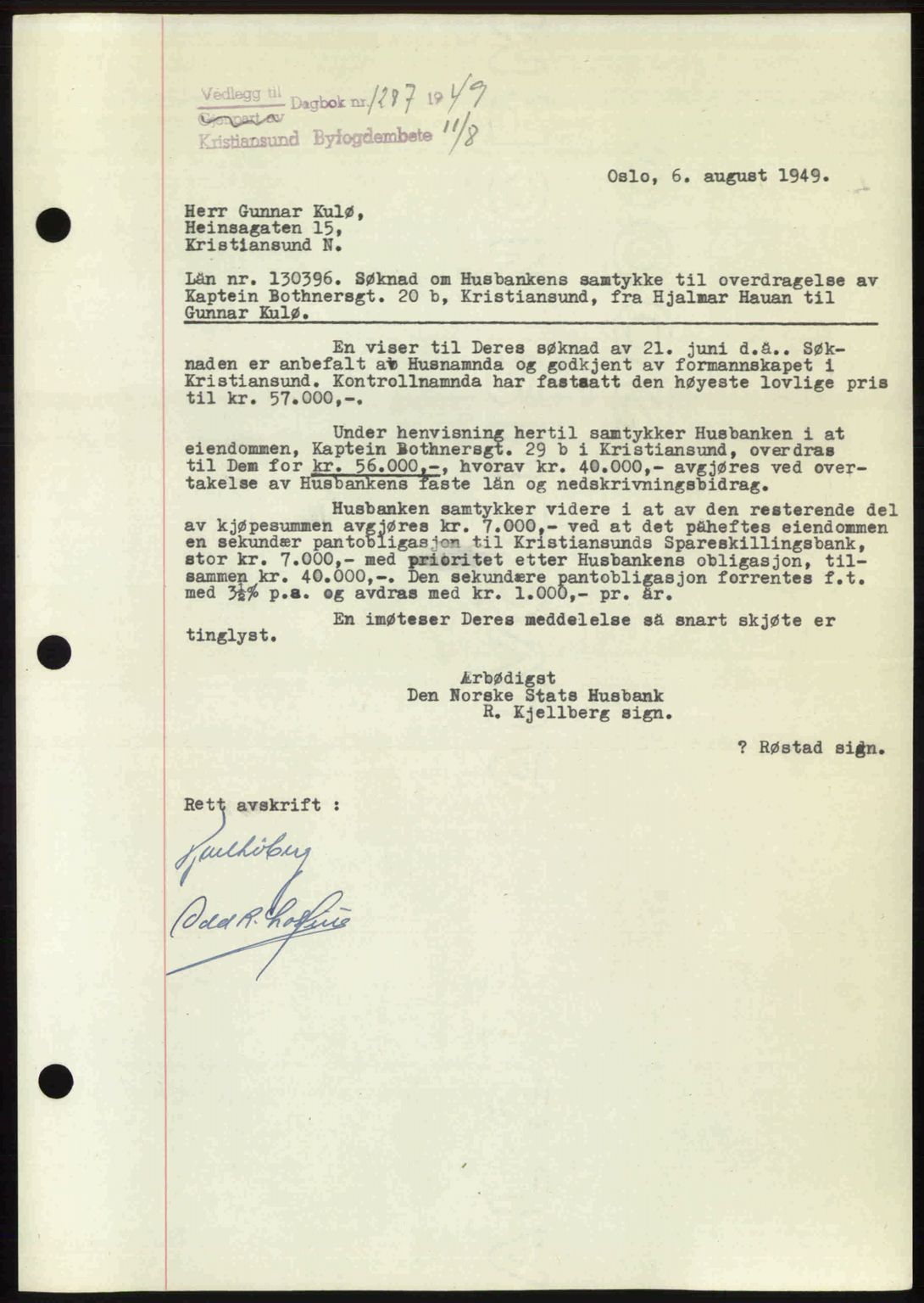 Kristiansund byfogd, AV/SAT-A-4587/A/27: Mortgage book no. 46, 1949-1950, Diary no: : 1287/1949