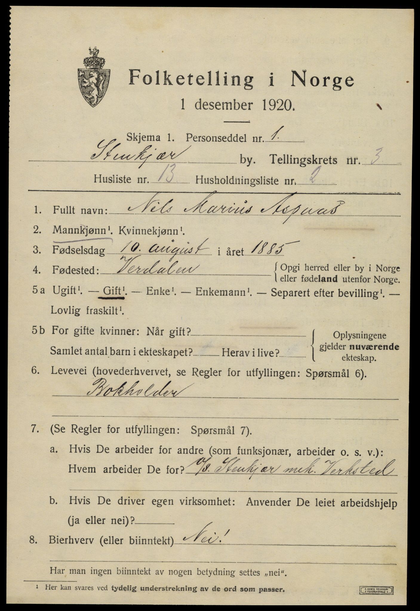 SAT, 1920 census for Steinkjer, 1920, p. 6068