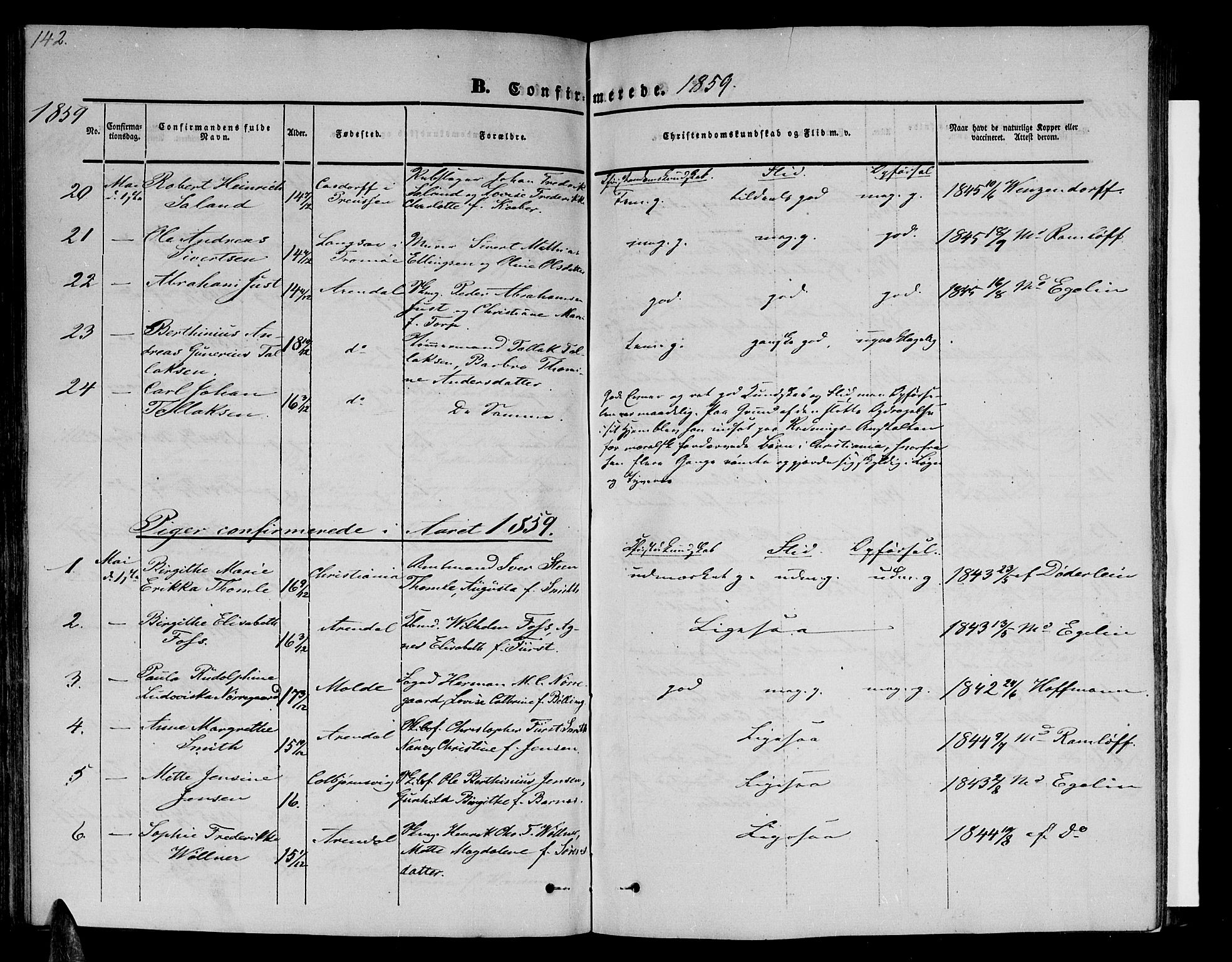 Arendal sokneprestkontor, Trefoldighet, AV/SAK-1111-0040/F/Fb/L0002: Parish register (copy) no. B 2, 1838-1860, p. 142