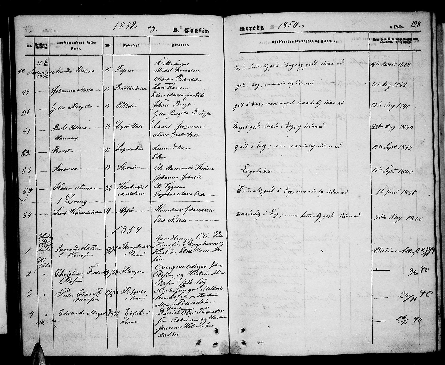 Tranøy sokneprestkontor, SATØ/S-1313/I/Ia/Iab/L0002klokker: Parish register (copy) no. 2, 1847-1860, p. 128