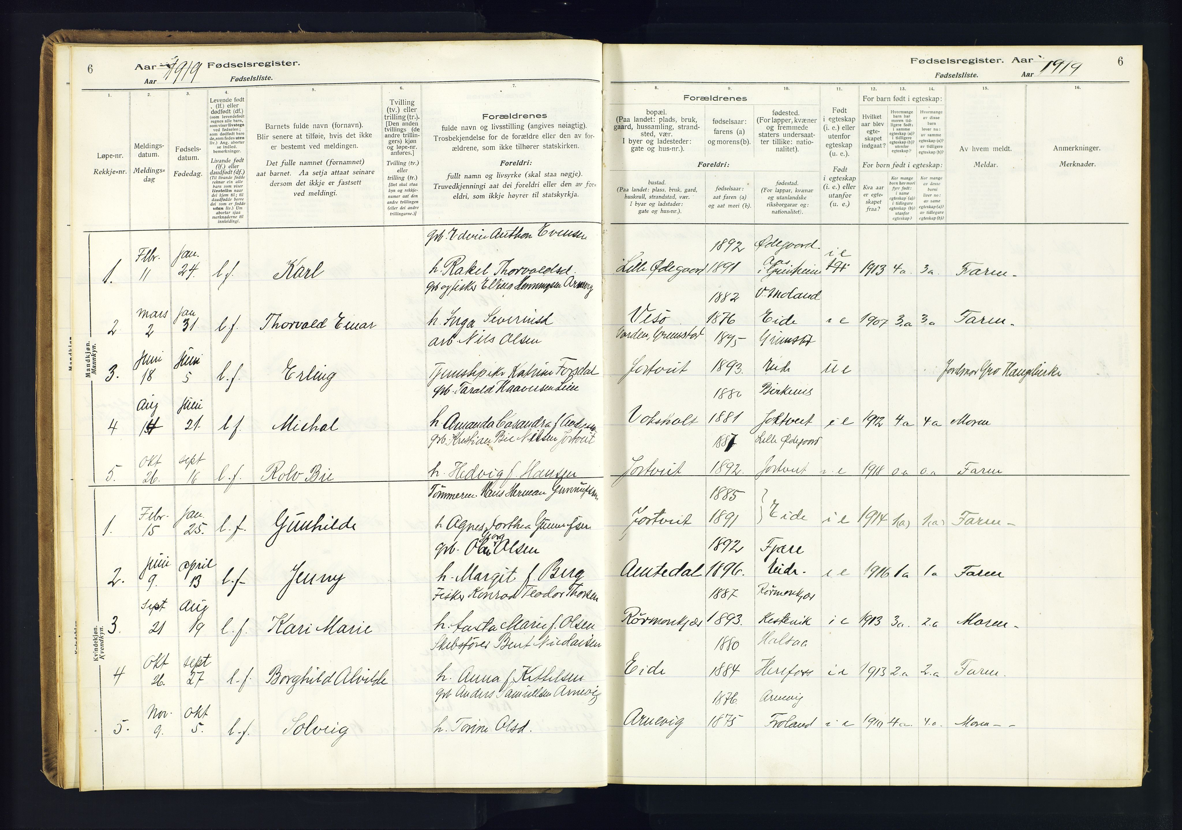 Hommedal sokneprestkontor, AV/SAK-1111-0023/J/Jd/L0003: Birth register no. 3, 1916-1982, p. 6