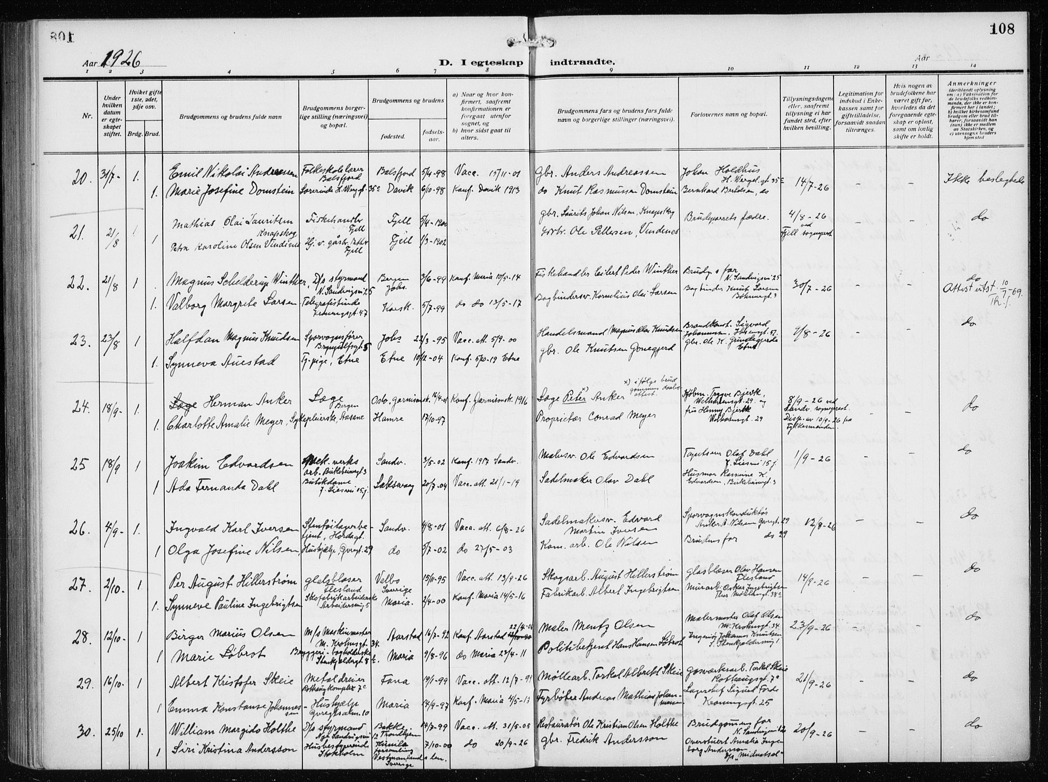 Mariakirken Sokneprestembete, AV/SAB-A-76901/H/Haa/L0015: Parish register (official) no. C 3, 1913-1927, p. 108