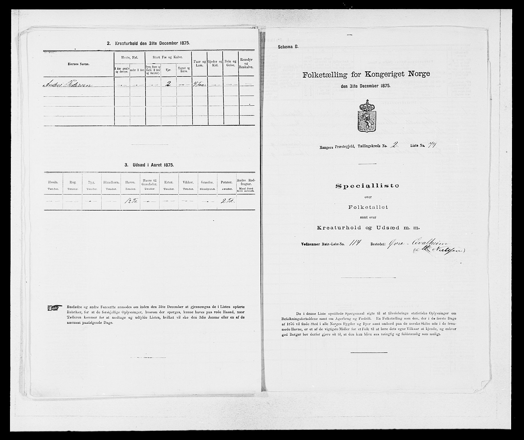 SAB, 1875 census for 1261P Manger, 1875, p. 375