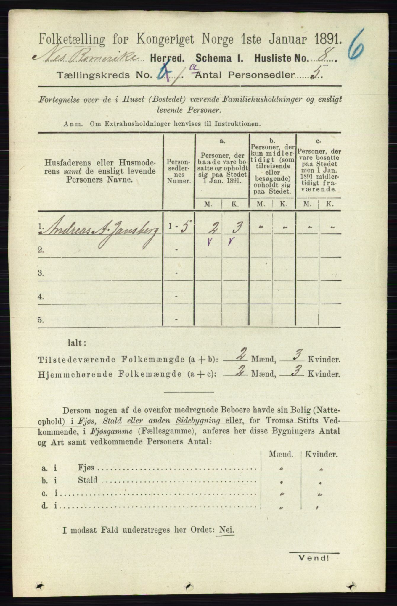 RA, 1891 census for 0236 Nes, 1891, p. 52