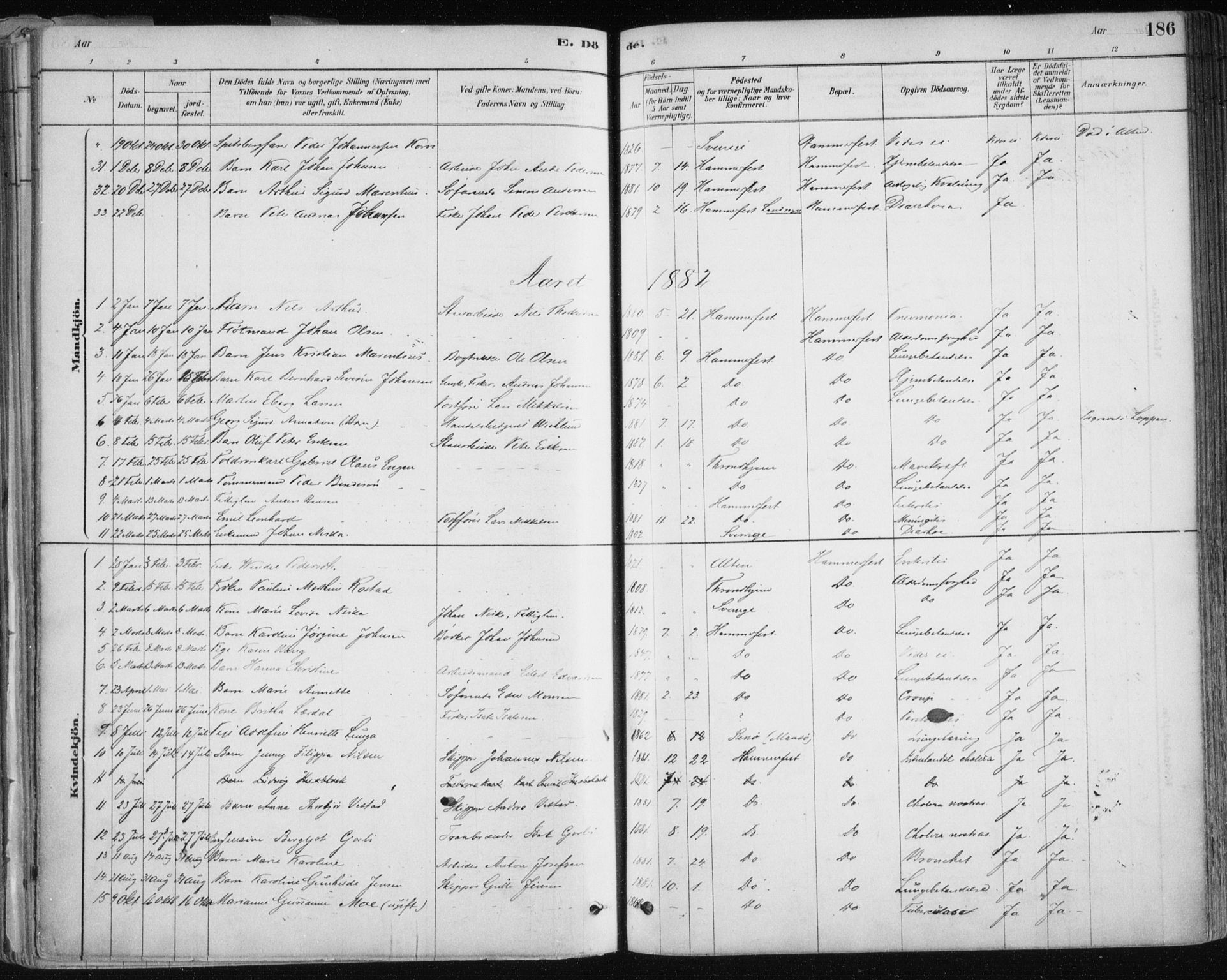 Hammerfest sokneprestkontor, SATØ/S-1347/H/Ha/L0008.kirke: Parish register (official) no. 8, 1878-1889, p. 186