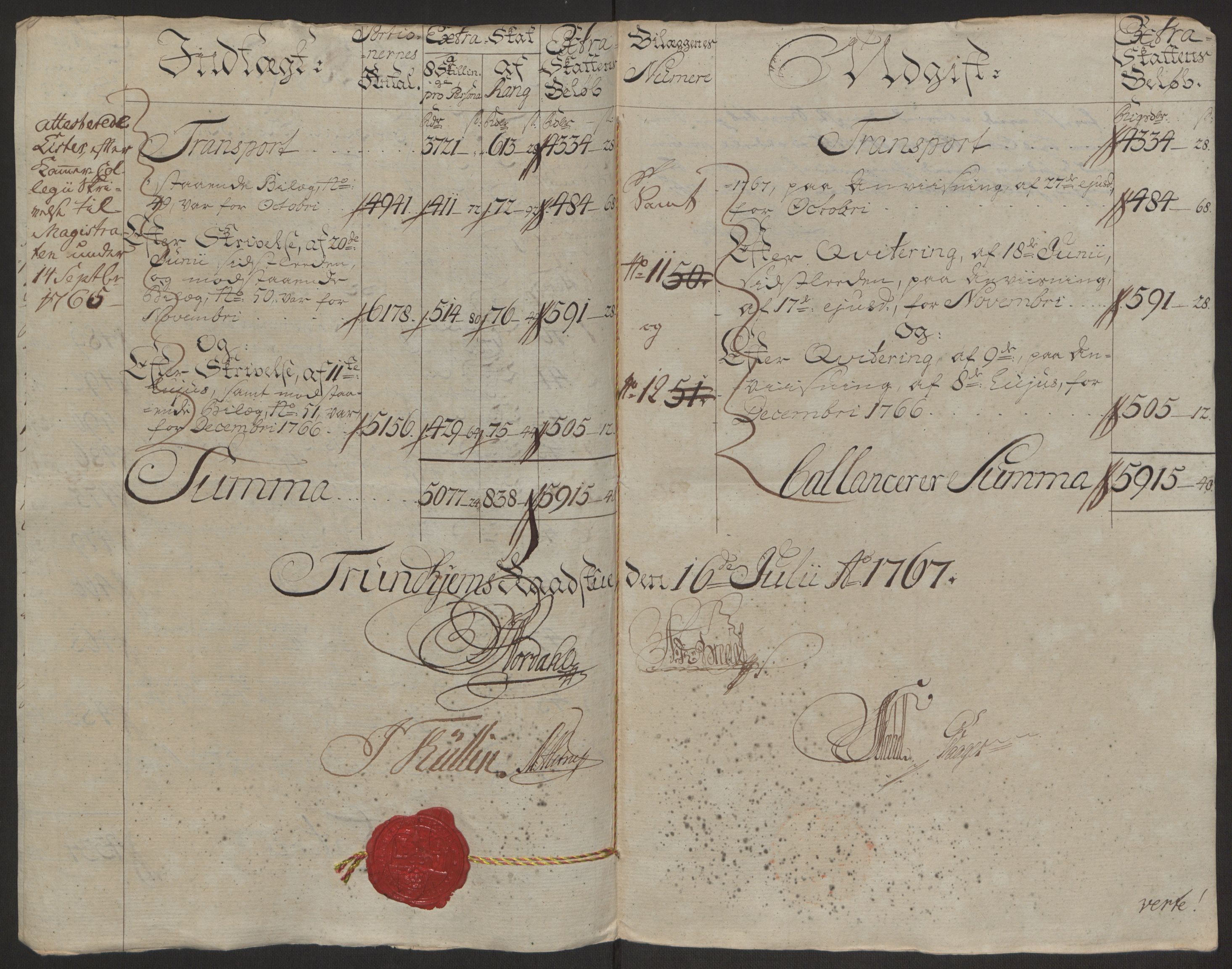 Rentekammeret inntil 1814, Reviderte regnskaper, Byregnskaper, AV/RA-EA-4066/R/Rs/L0516/0001: [S9] Kontribusjonsregnskap / Ekstraskatt, 1762-1767, p. 353