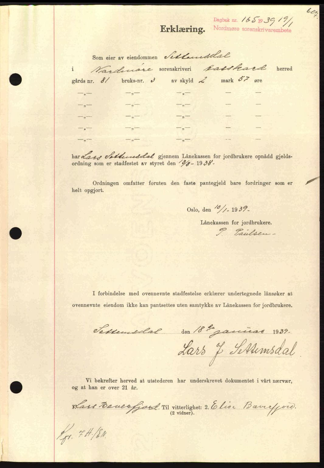 Nordmøre sorenskriveri, AV/SAT-A-4132/1/2/2Ca: Mortgage book no. B84, 1938-1939, Diary no: : 165/1939