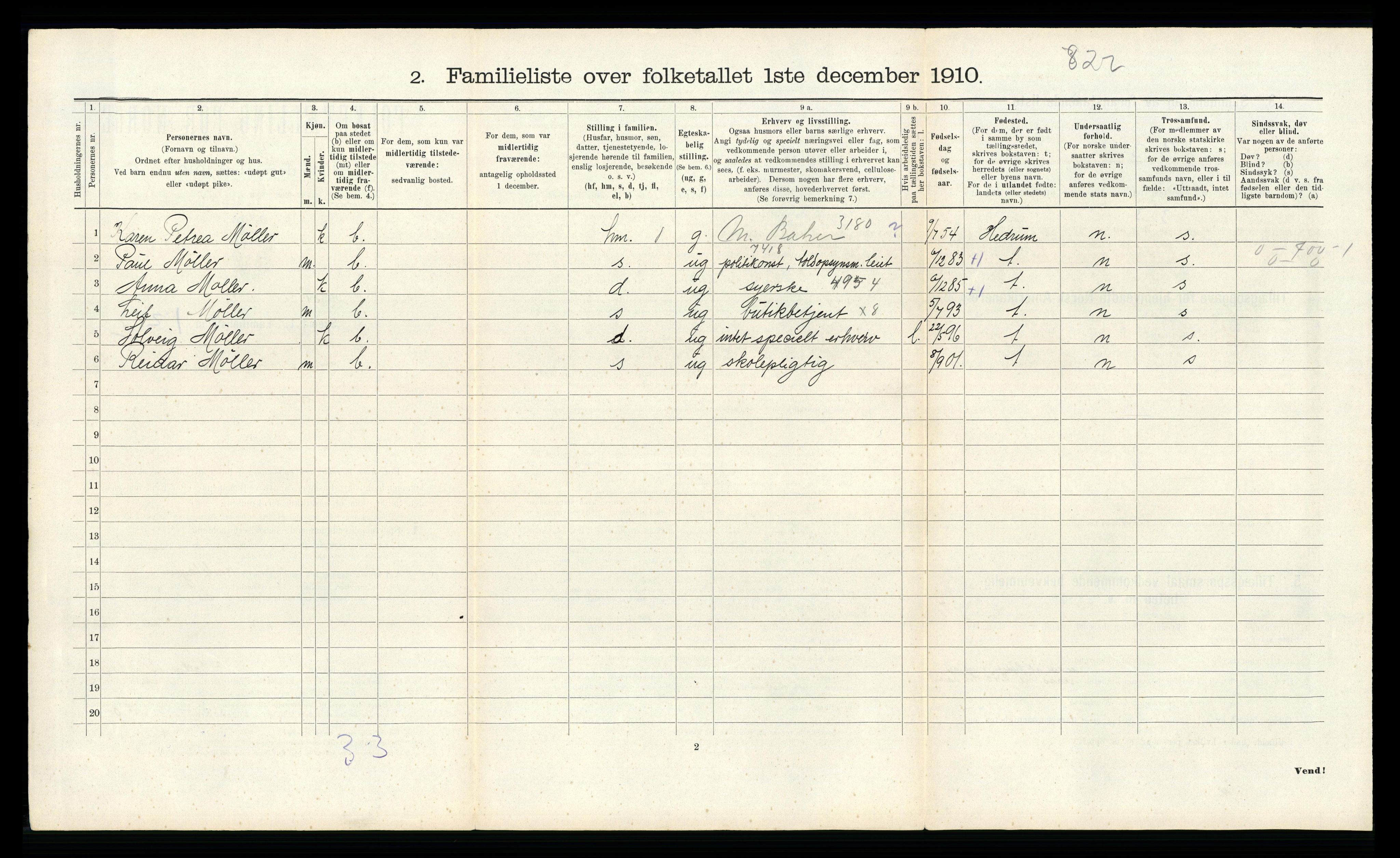 RA, 1910 census for Larvik, 1910, p. 5654