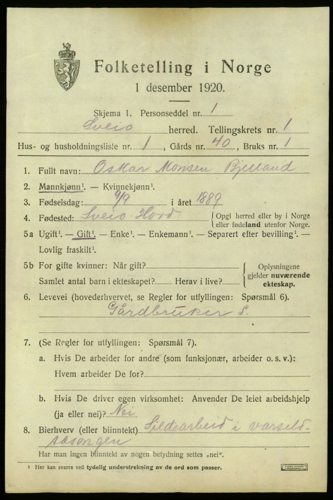 SAB, 1920 census for Sveio, 1920, p. 722