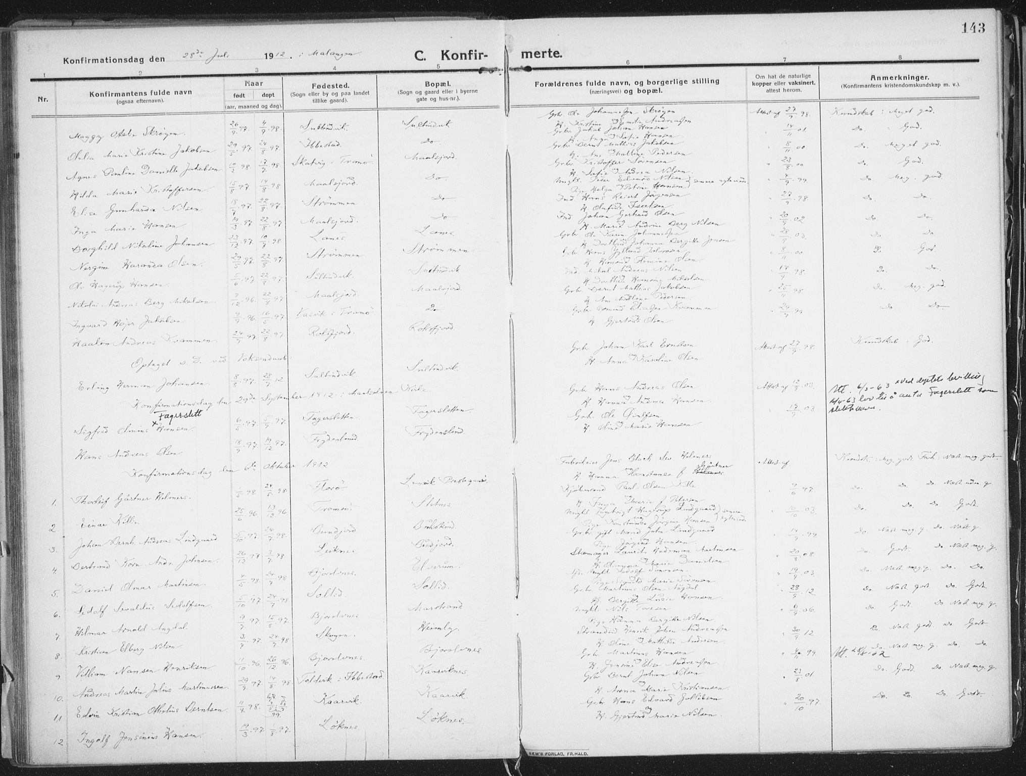 Lenvik sokneprestembete, SATØ/S-1310/H/Ha/Haa/L0016kirke: Parish register (official) no. 16, 1910-1924, p. 143
