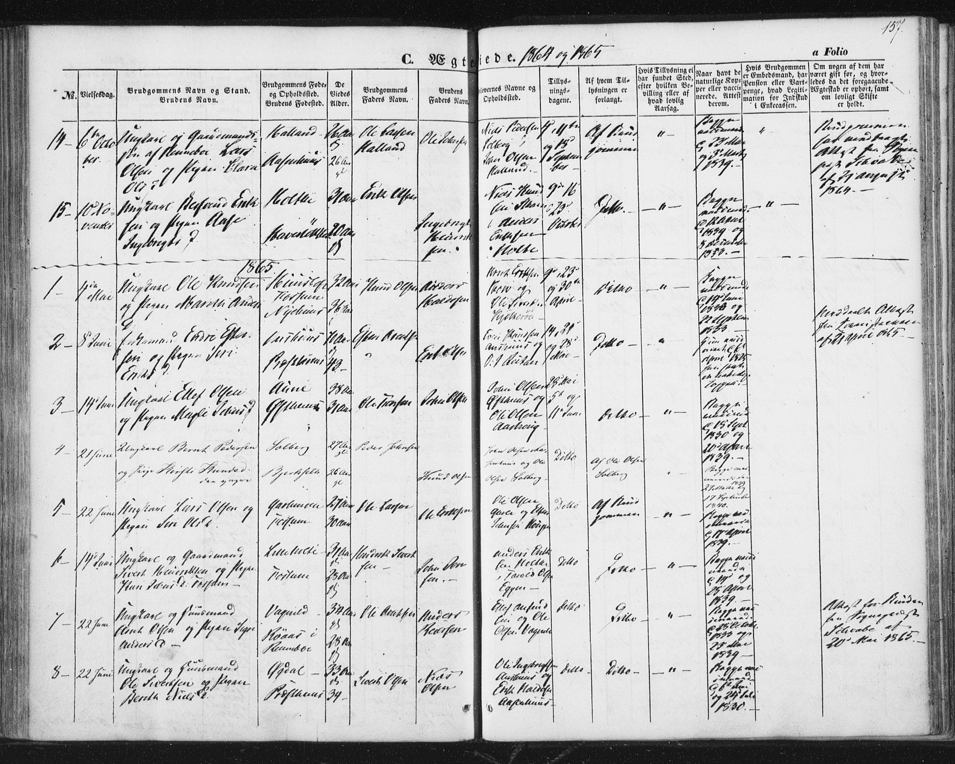 Ministerialprotokoller, klokkerbøker og fødselsregistre - Sør-Trøndelag, SAT/A-1456/689/L1038: Parish register (official) no. 689A03, 1848-1872, p. 157