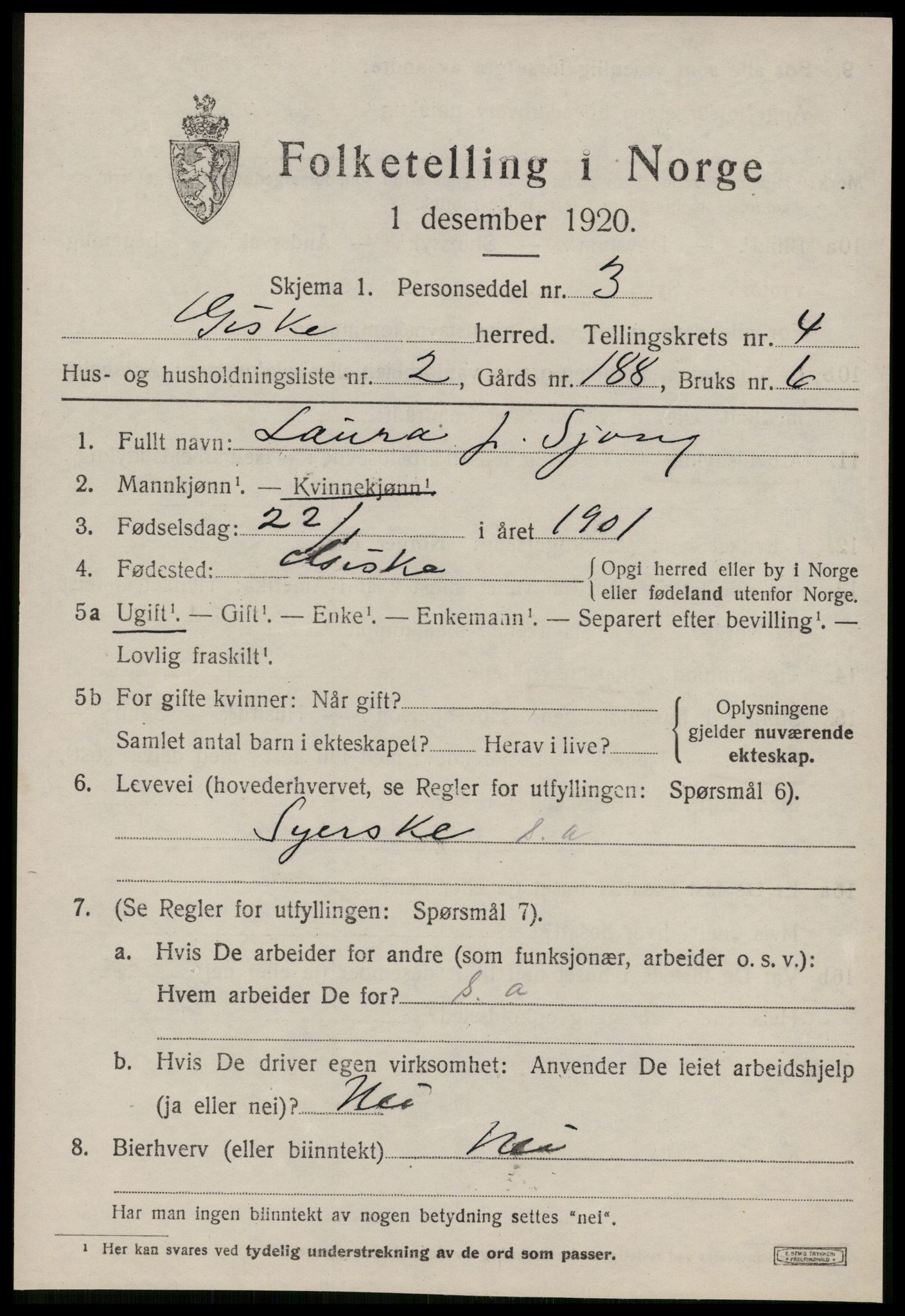 SAT, 1920 census for Giske, 1920, p. 2650
