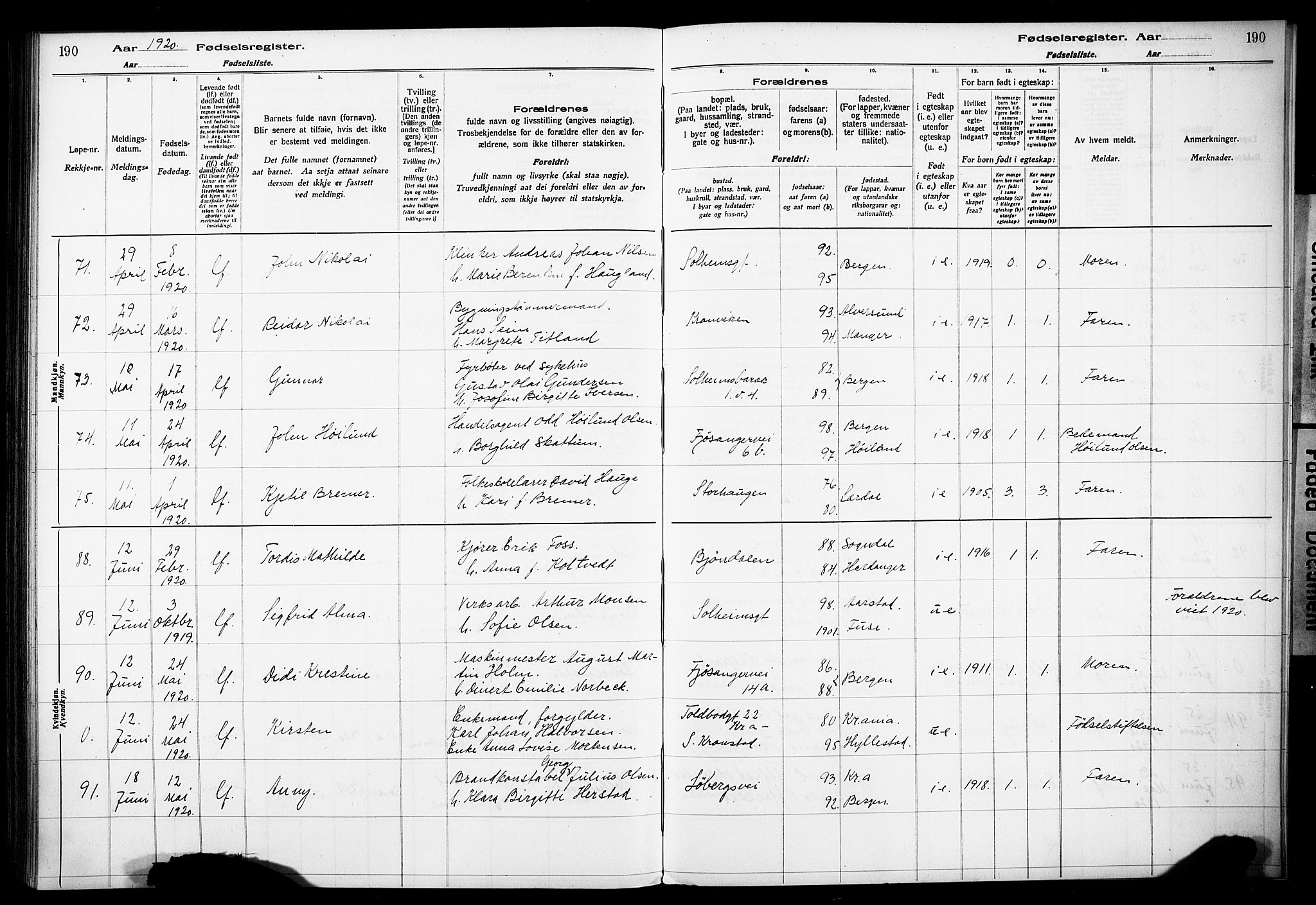 Årstad Sokneprestembete, SAB/A-79301/I/Id/L0A01: Birth register no. A 1, 1916-1920, p. 190