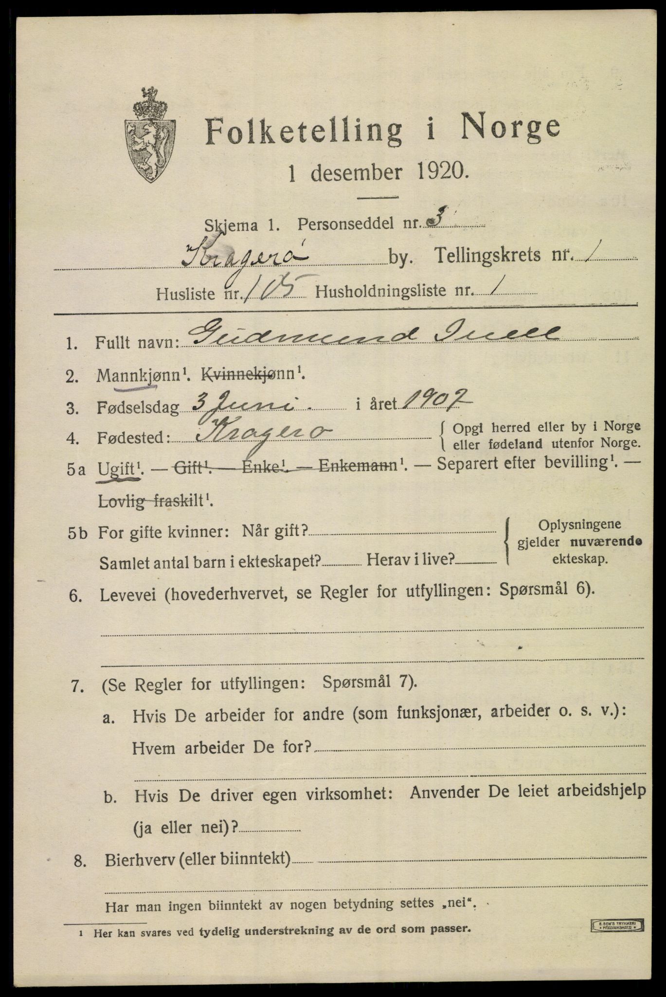 SAKO, 1920 census for Kragerø, 1920, p. 5331
